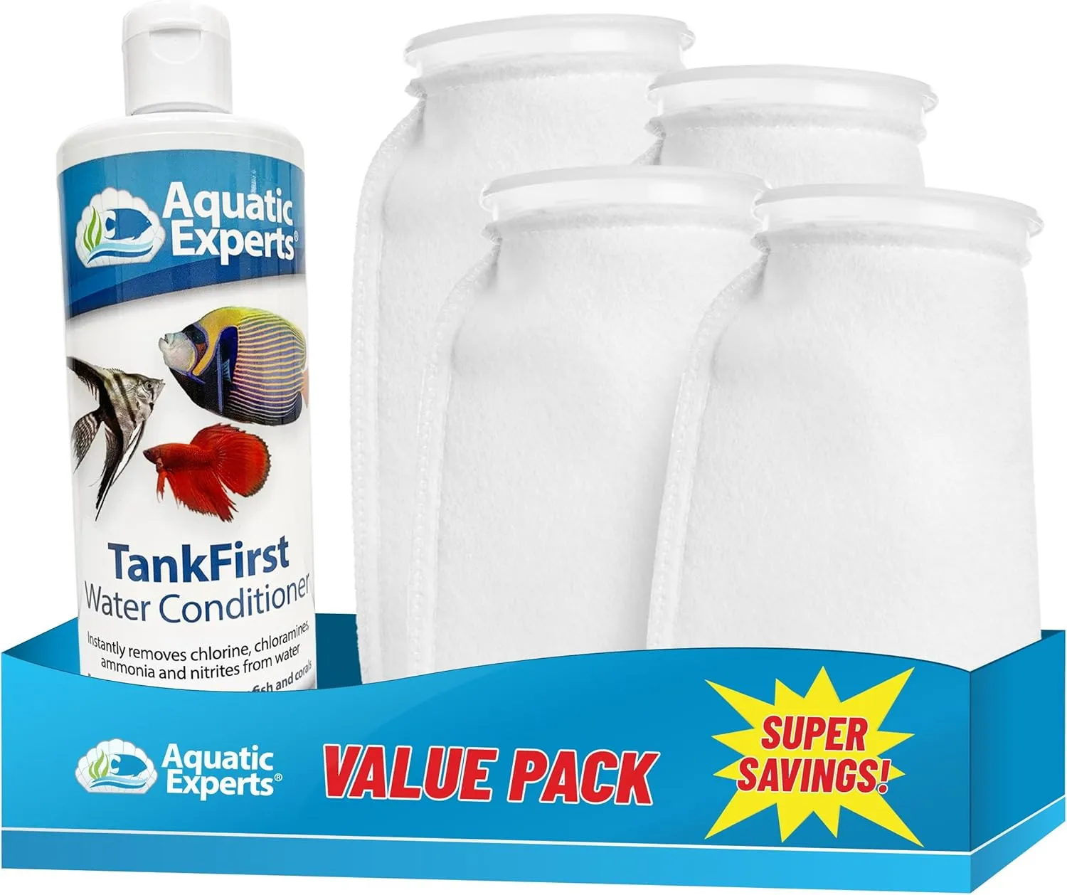 TankFirst Aquarium Water Conditioner 500 mL and 4 Pack Felt Filter Socks 200 Micron - 4"x10.5", Made in USA (Value Pack)