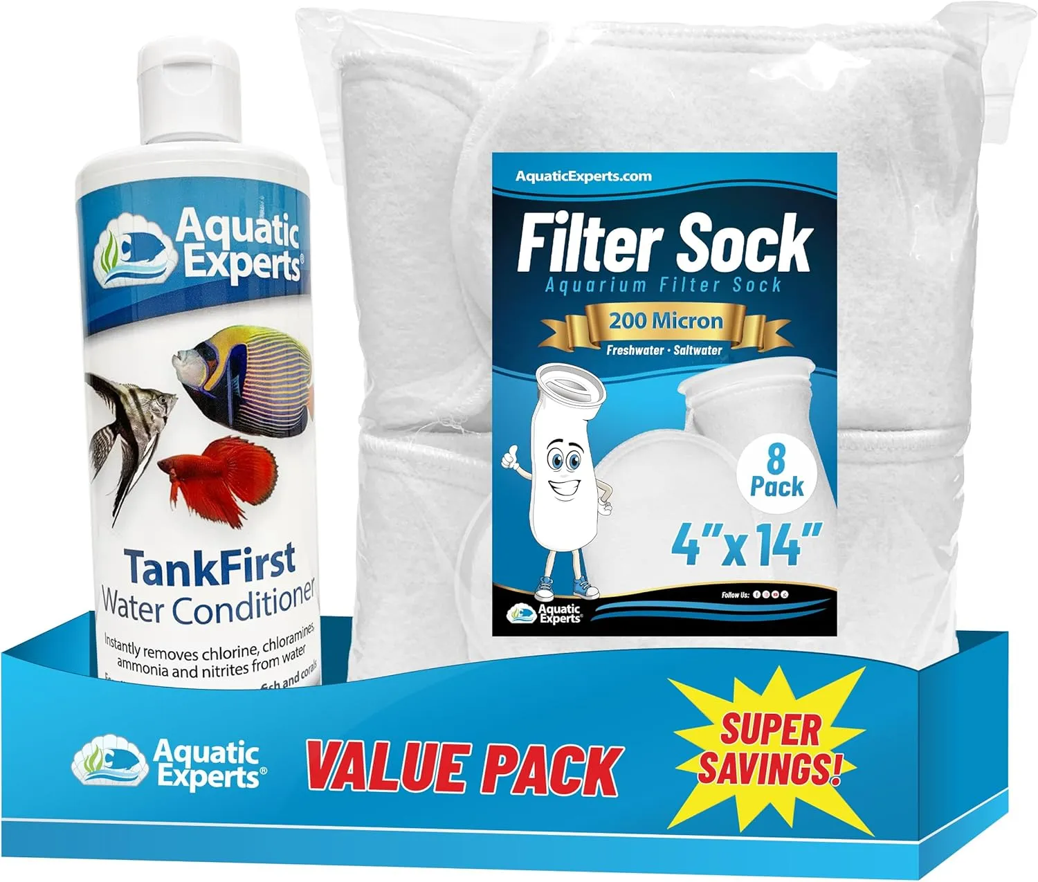 TankFirst Aquarium Water Conditioner 500 mL and 8-Pack 4"x14" 200 Micron Felt Filter Socks, Made in USA (Value Pack)
