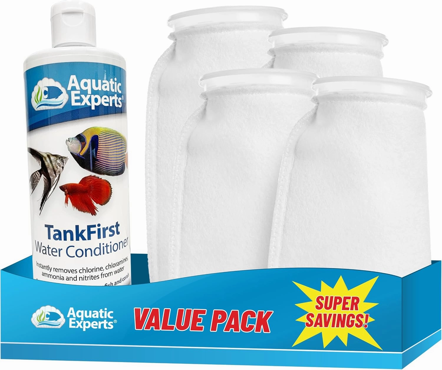 TankFirst Aquarium Water Conditioner 500 mL and 100 Micron Felt Filter Socks 7"x12" - 4 Pack, Made in USA (Value Pack)