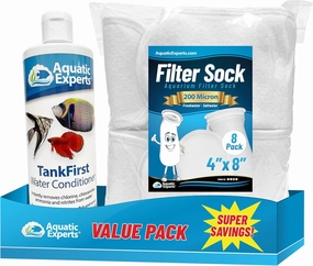 TankFirst Aquarium Water Conditioner 500 mL and 4"x8" Felt Filter Socks - 8 Pack, Made in USA (Value Pack)
