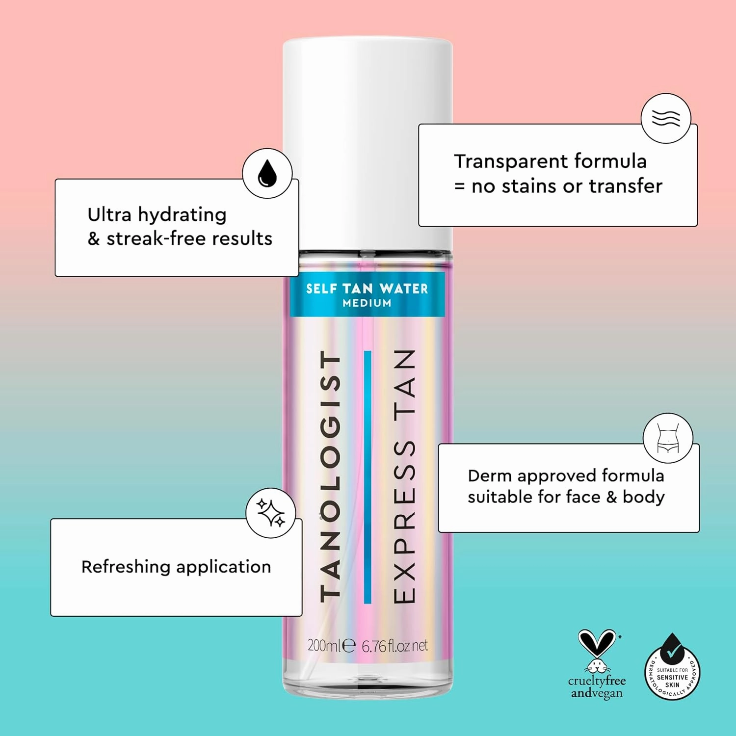 Tanologist Medium Self Tan Water, Clear Self Tanning Water, Streak-Free Tanning Mist, Natural Bronze, No Fake Tan Smell, Long Lasting, Clean Ingredients, 6.76 fl. oz/200 ml Bottle