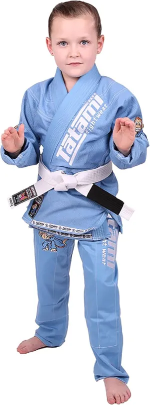 Tatami Fightwear Meerkatsu Kids Animal Jiu Jitsu Gi, 425GSM Jacket, Twill BJJ Pants, and White Belt, Sky Blue, M000