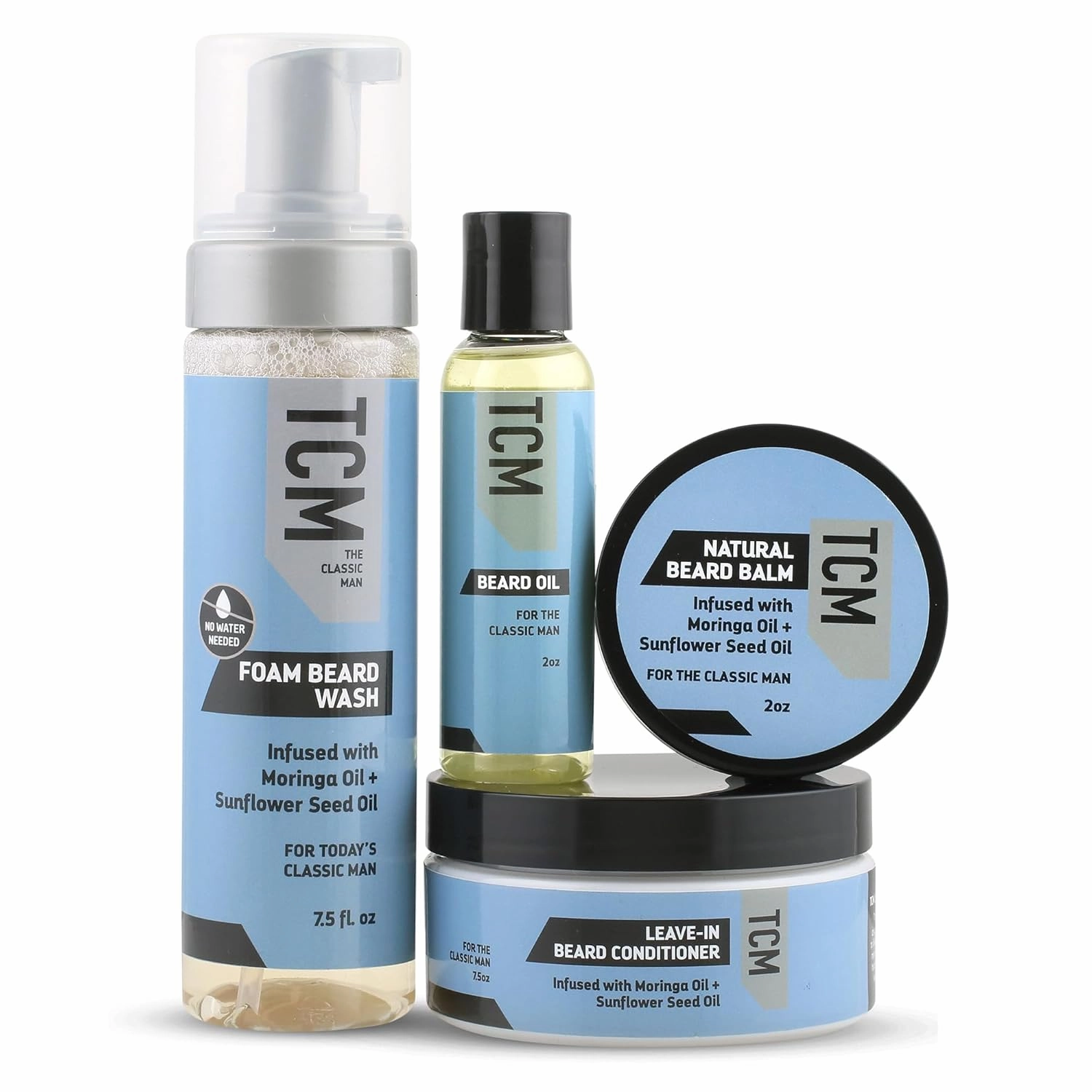 TCM Beard Growth & Styling Bundle - Include 7.5oz Foam Beard Wash, 7,5oz Leave-In Beard Conditioner, 2oz Natural Beard Balm, & 2oz Beard Oil