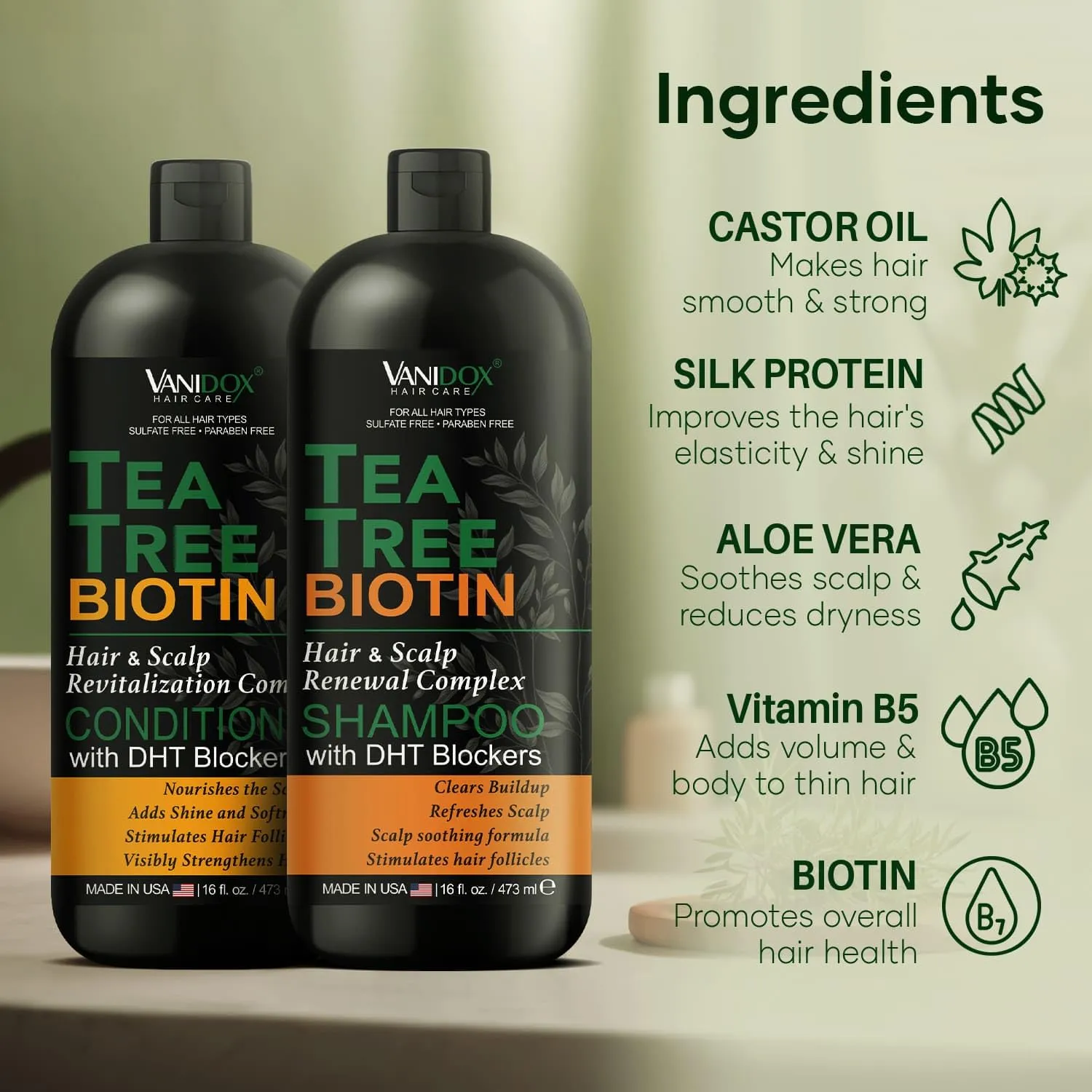 Tea Tree Shampoo and Conditioner Set With Biotin for Itchy and Dry Scalp - Sulfate and Paraben Free - 100% Pure Tea Tree Oil - 16 fl. oz. Each