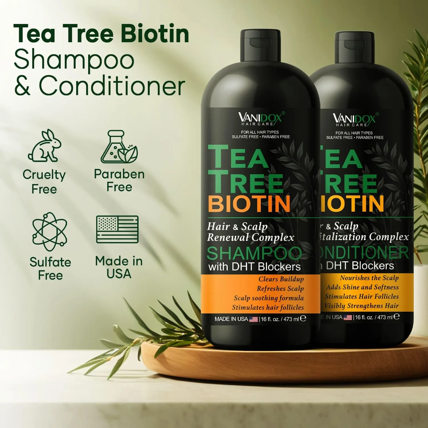 Tea Tree Shampoo and Conditioner Set With Biotin for Itchy and Dry Scalp - Sulfate and Paraben Free - 100% Pure Tea Tree Oil - 16 fl. oz. Each