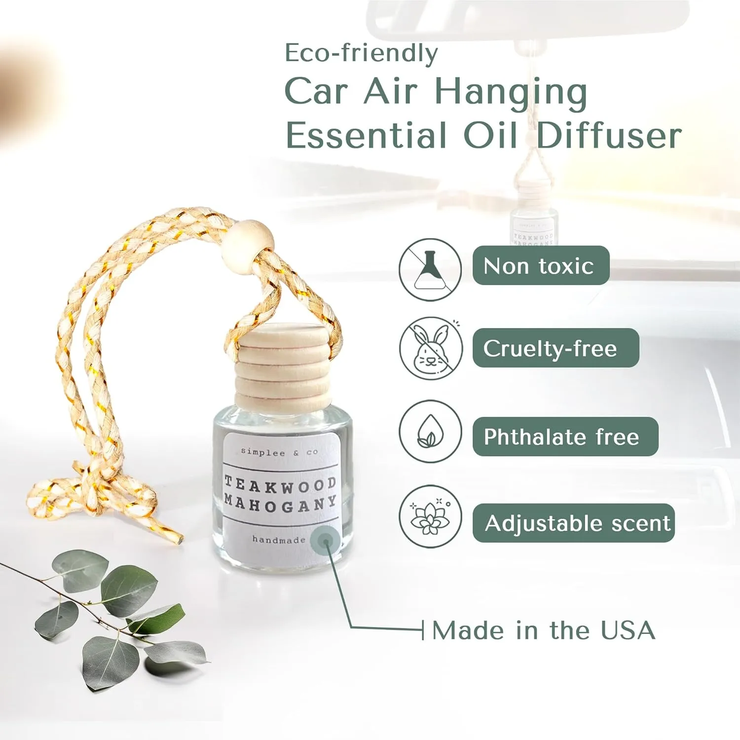 Teakwood and Mahogany Car Air Hanging Essential Oil Diffuser, Car Air Freshener Diffuser with Long Lasting Essential Oils, Aromatherapy Vehicle Diffuser, Long Lasting by Simplee Goods, Clear
