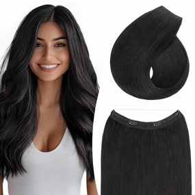 TESS Human Hair Halo Extensions 100% Remy Hair 16 Inch Straight Adjustable Invisible Wire Easy to Use Clip in, Dark Black