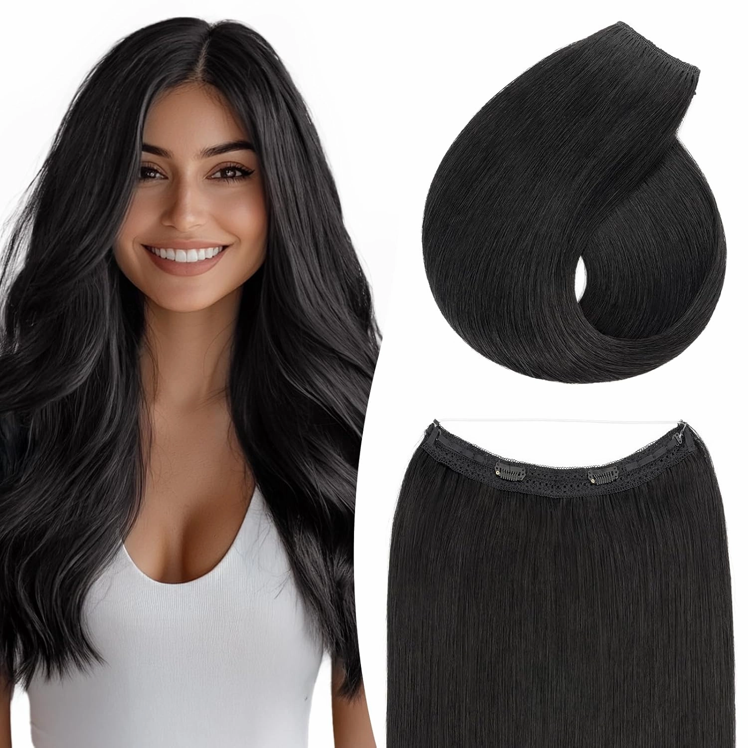 TESS Human Hair Halo Extensions 100% Remy Hair 16 Inch Straight Adjustable Invisible Wire Easy to Use Clip in, Dark Black