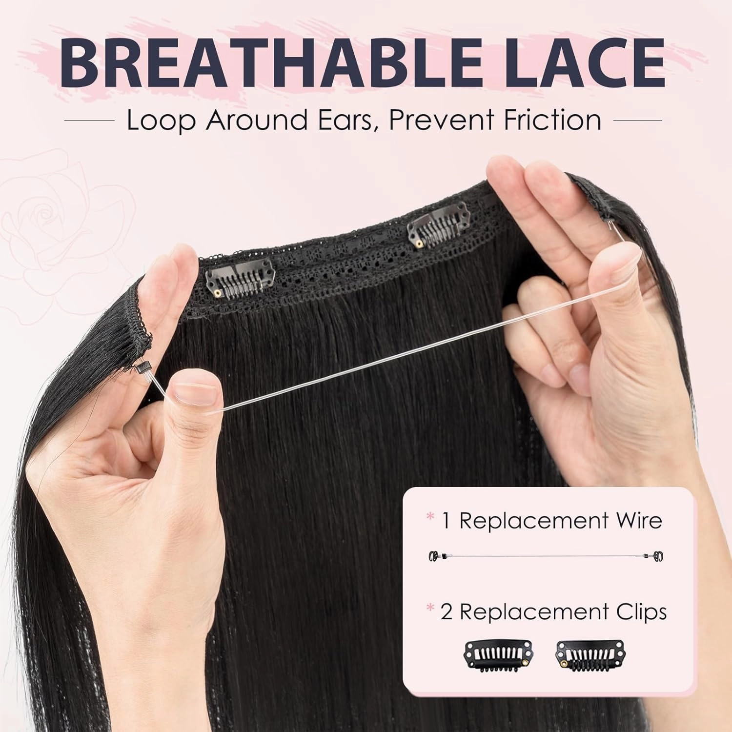 TESS Human Hair Halo Extensions 100% Remy Hair 16 Inch Straight Adjustable Invisible Wire Easy to Use Clip in, Dark Black