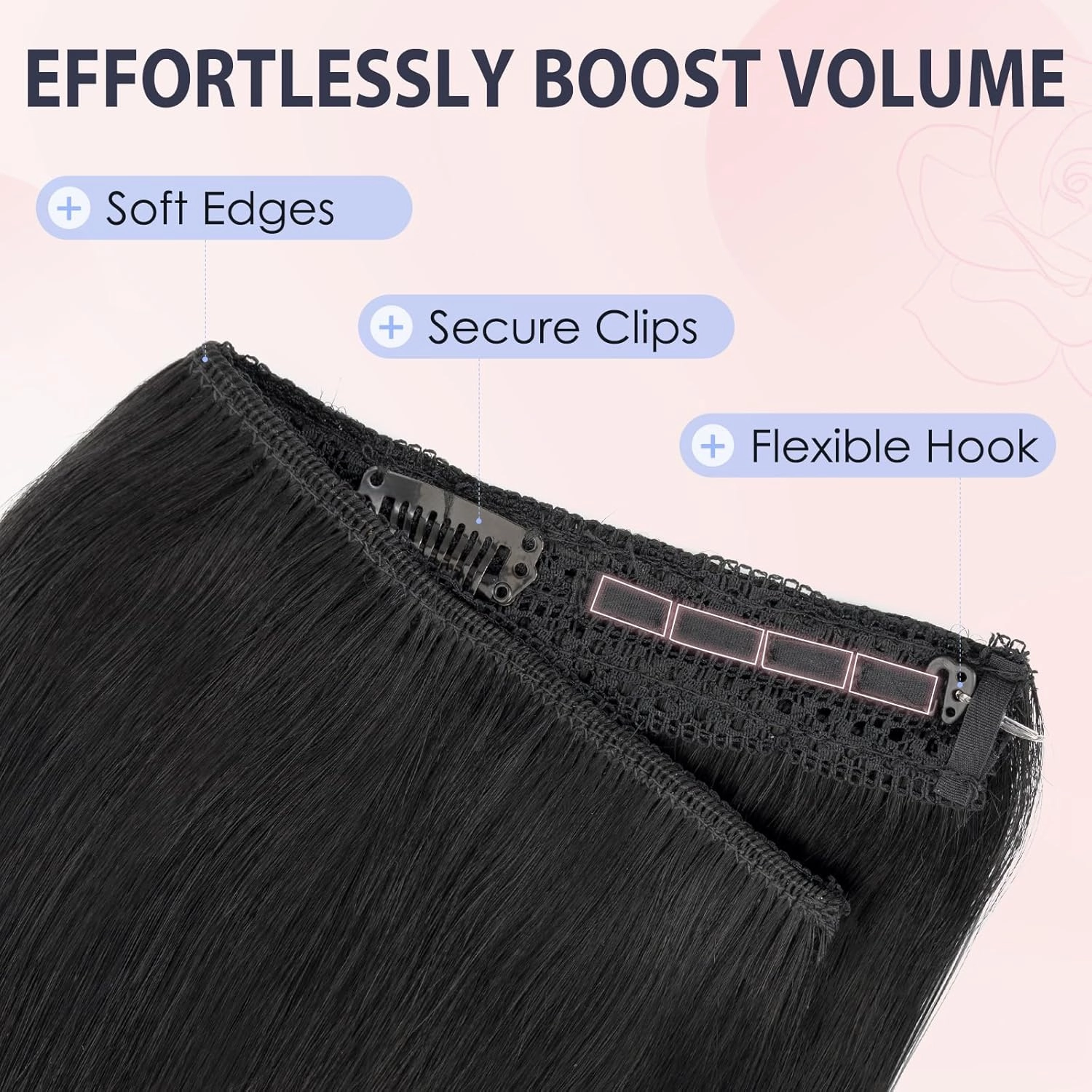 TESS Human Hair Halo Extensions 100% Remy Hair 16 Inch Straight Adjustable Invisible Wire Easy to Use Clip in, Dark Black