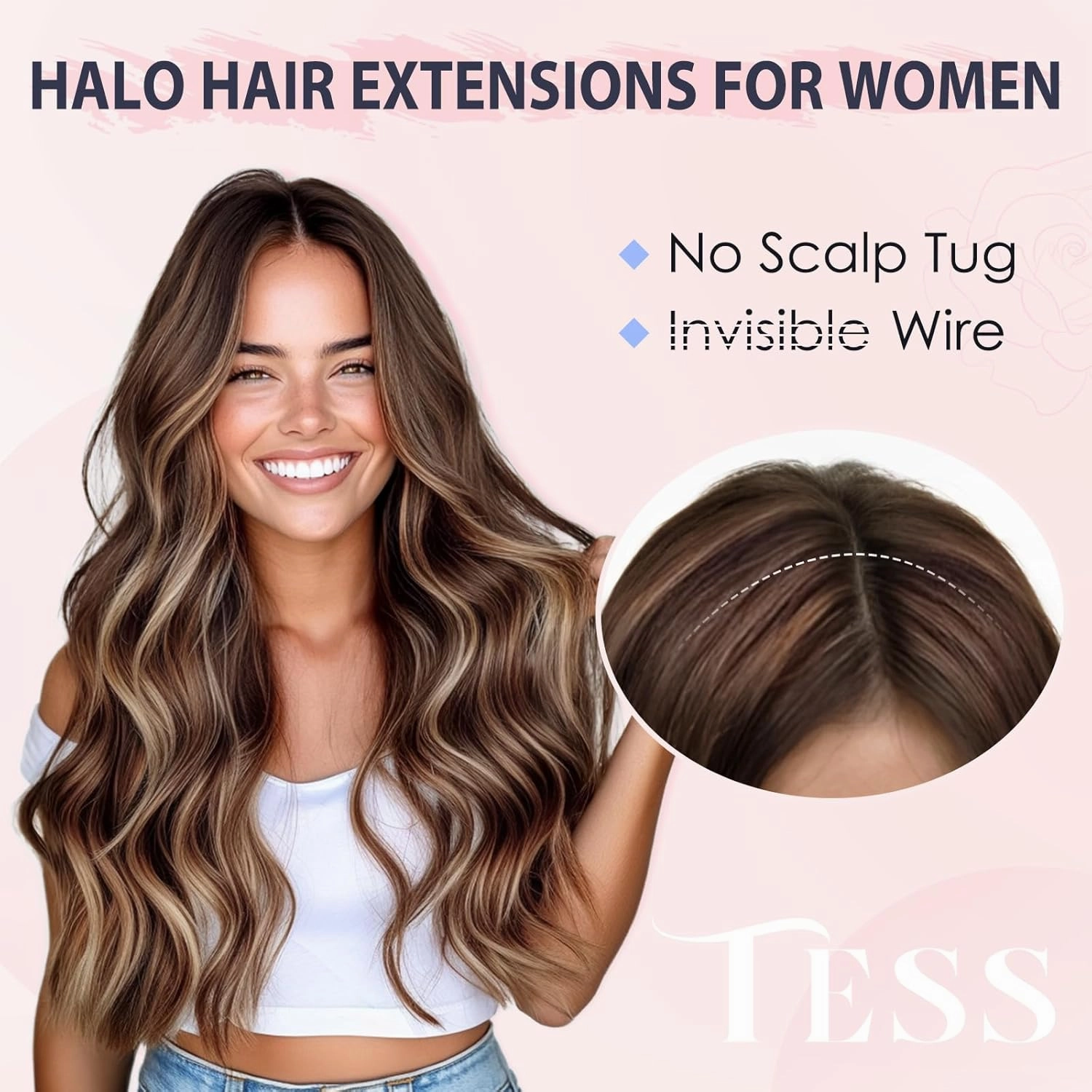 TESS Human Hair Halo Extensions 100% Remy Hair 16 Inch Straight Adjustable Invisible Wire Easy to Use Clip in, Dark Black
