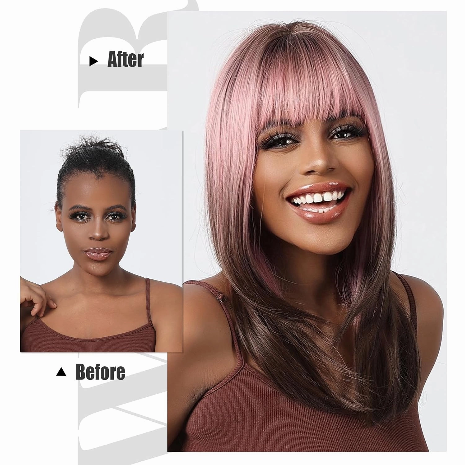 testar Ombre Pink Black Wigs For Black Women Long Pink Black Straight Wigs with Bangs Cosplay Colorful Wigs Synthetic Layered Hair Wigs For Daily Party/Halloween Use 24 Inch