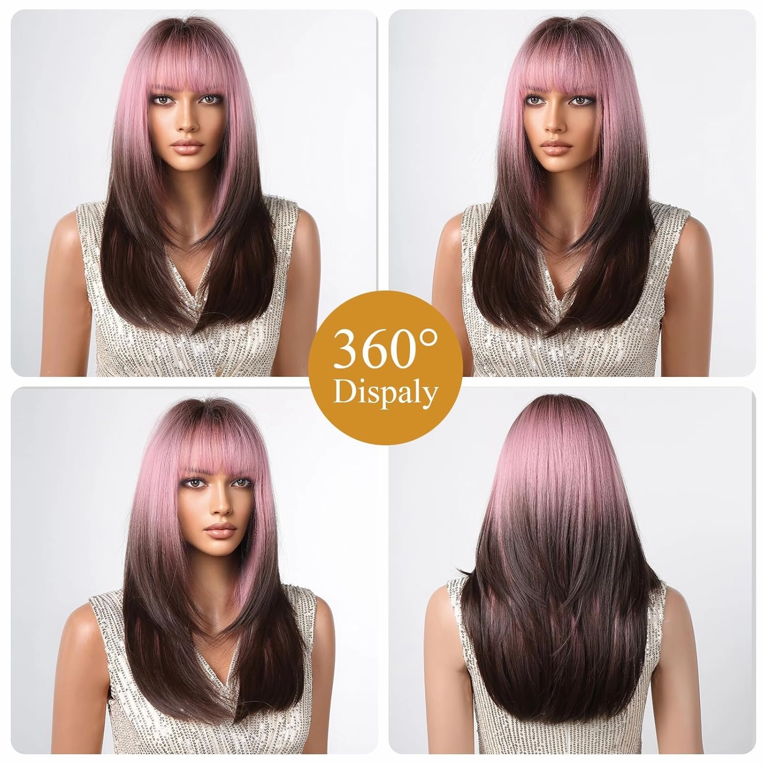 testar Ombre Pink Black Wigs For Black Women Long Pink Black Straight Wigs with Bangs Cosplay Colorful Wigs Synthetic Layered Hair Wigs For Daily Party/Halloween Use 24 Inch