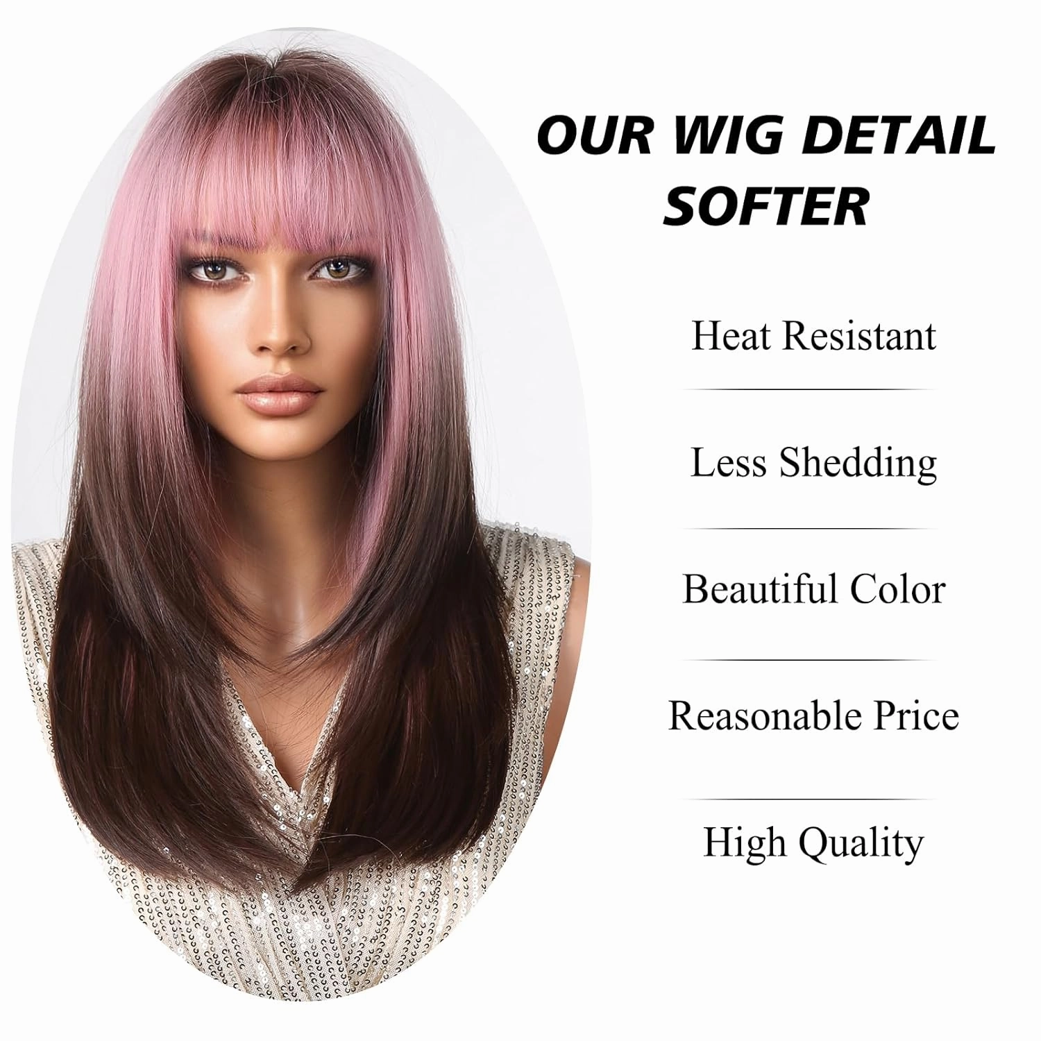 testar Ombre Pink Black Wigs For Black Women Long Pink Black Straight Wigs with Bangs Cosplay Colorful Wigs Synthetic Layered Hair Wigs For Daily Party/Halloween Use 24 Inch