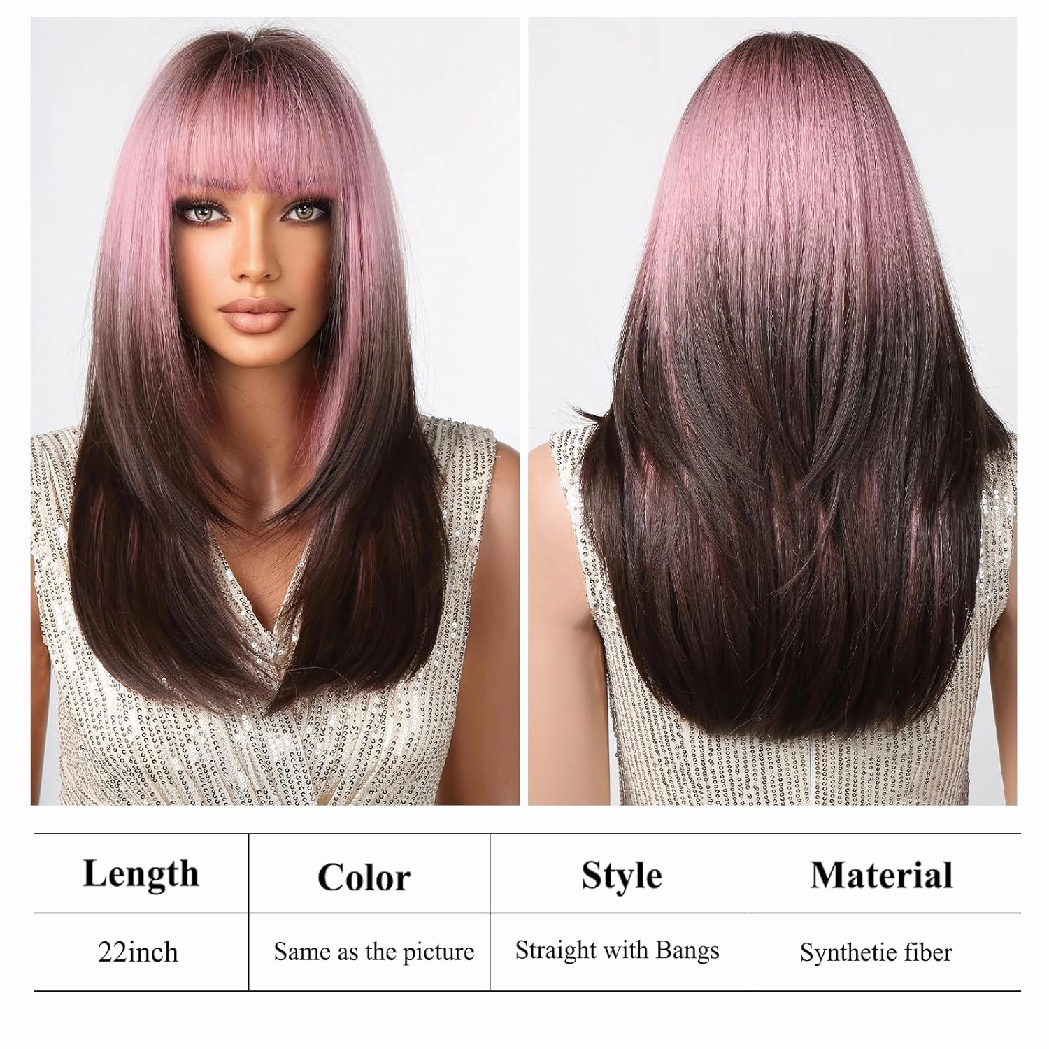 testar Ombre Pink Black Wigs For Black Women Long Pink Black Straight Wigs with Bangs Cosplay Colorful Wigs Synthetic Layered Hair Wigs For Daily Party/Halloween Use 24 Inch
