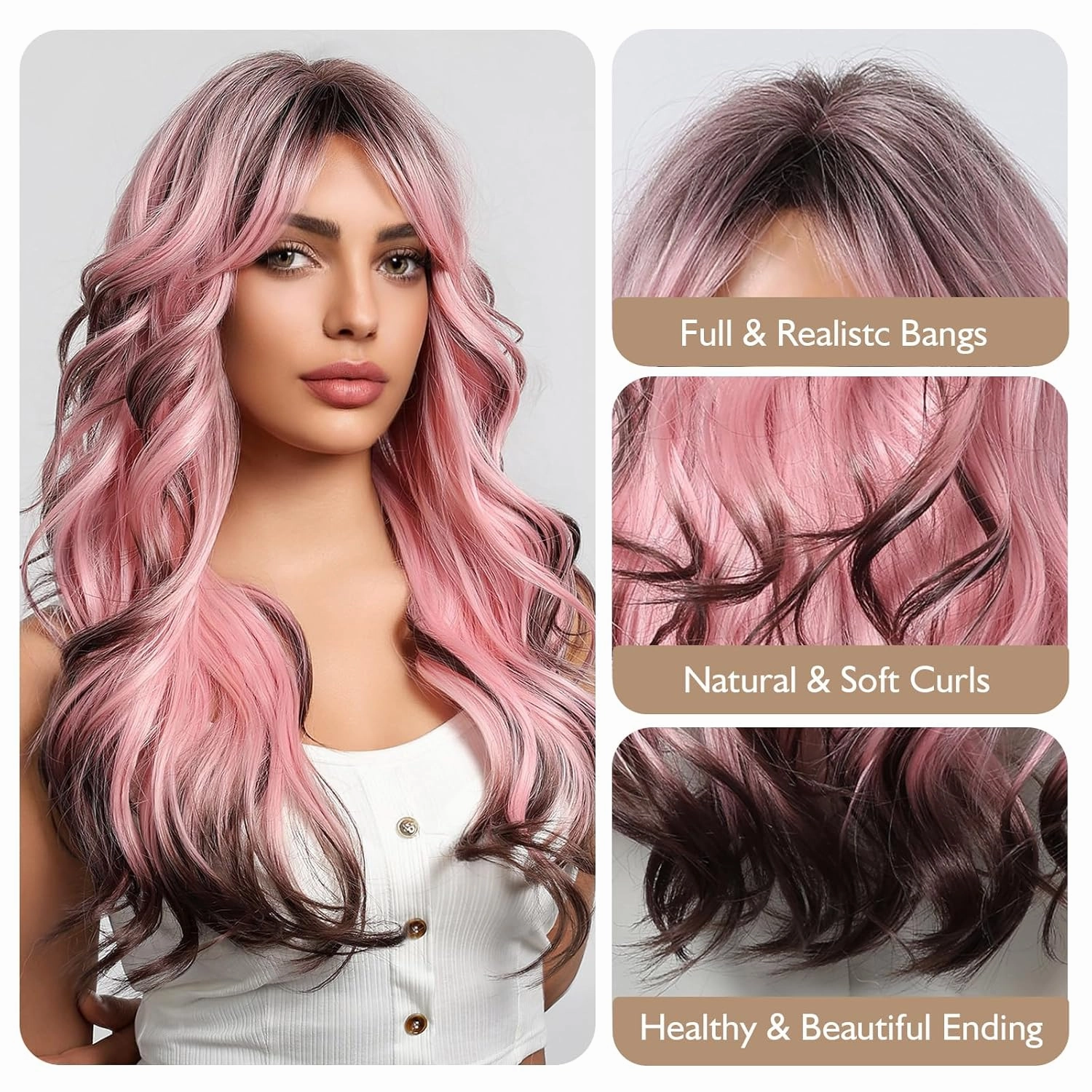 testar Pink Curly Wigs for Women Long Pink and Black Wigs With Curtain Bangs Heat Resistant Synthetic Wavy Wigs for Girls Daily Party Use 26IN