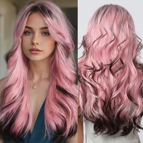 testar Pink Curly Wigs for Women Long Pink and Black Wigs With Curtain Bangs Heat Resistant Synthetic Wavy Wigs for Girls Daily Party Use 26IN