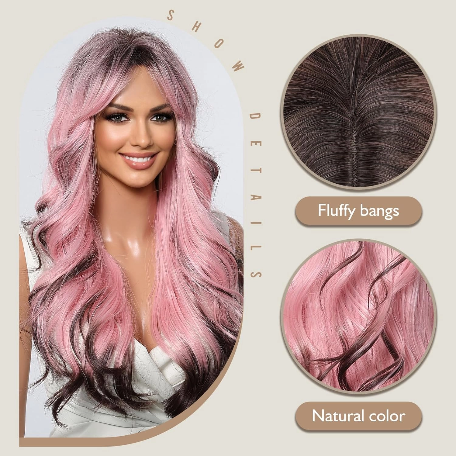testar Pink Curly Wigs for Women Long Pink and Black Wigs With Curtain Bangs Heat Resistant Synthetic Wavy Wigs for Girls Daily Party Use 26IN