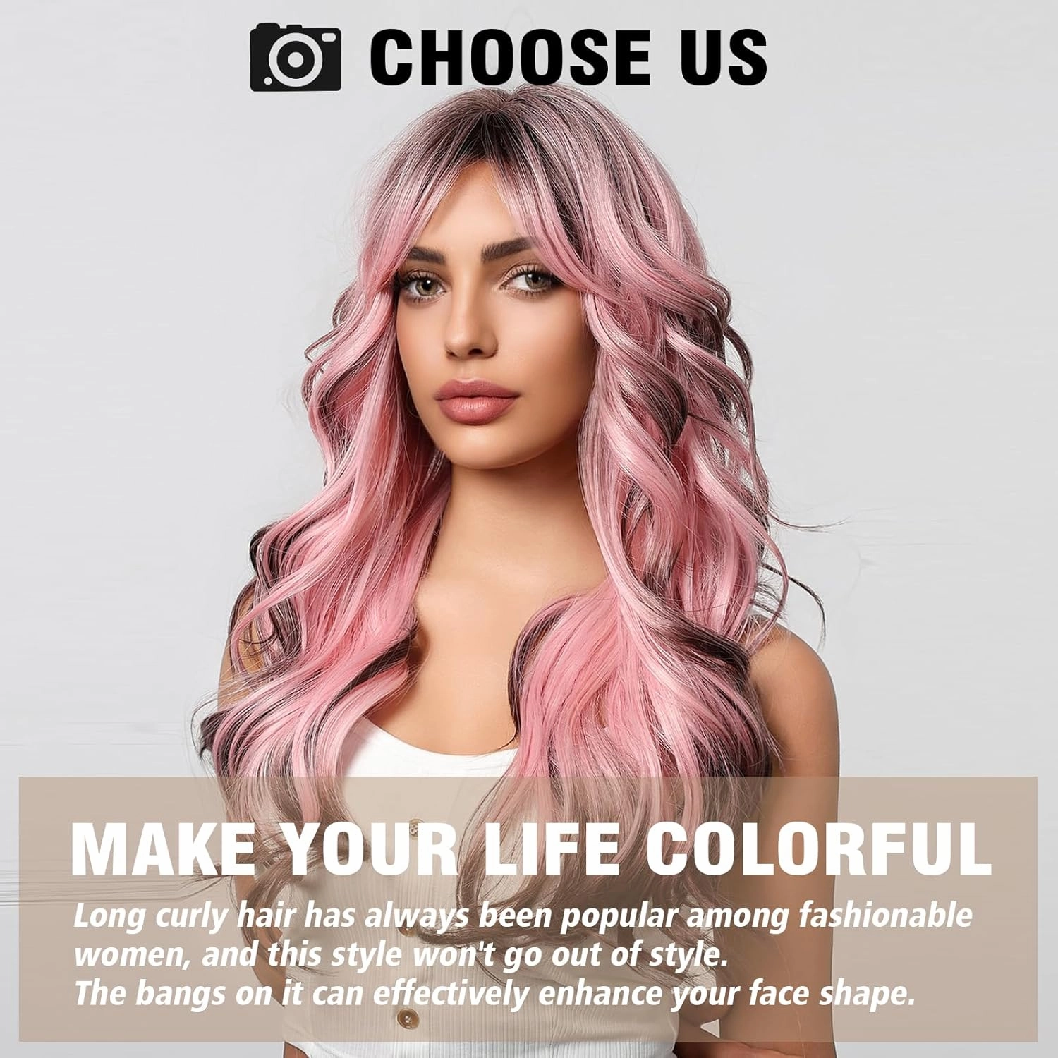 testar Pink Curly Wigs for Women Long Pink and Black Wigs With Curtain Bangs Heat Resistant Synthetic Wavy Wigs for Girls Daily Party Use 26IN