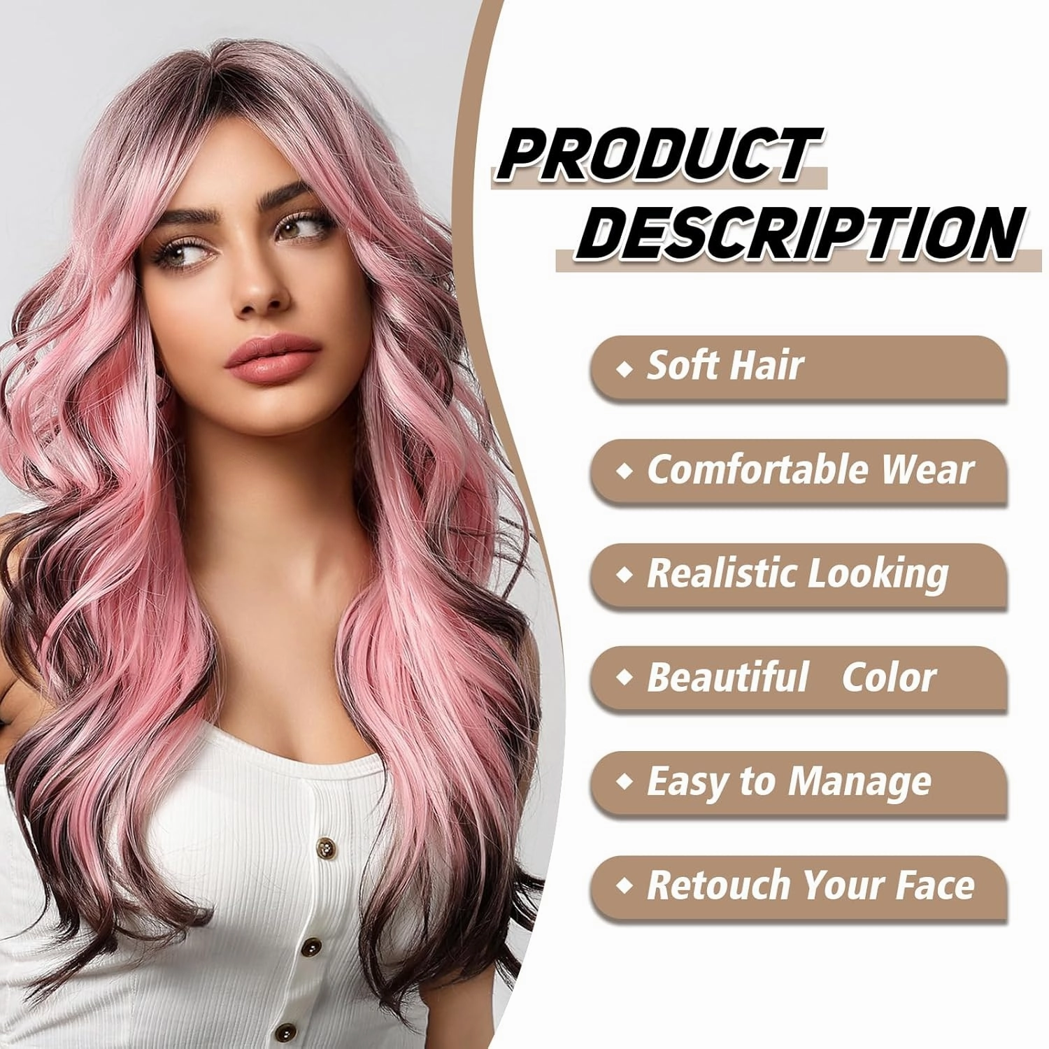 testar Pink Curly Wigs for Women Long Pink and Black Wigs With Curtain Bangs Heat Resistant Synthetic Wavy Wigs for Girls Daily Party Use 26IN