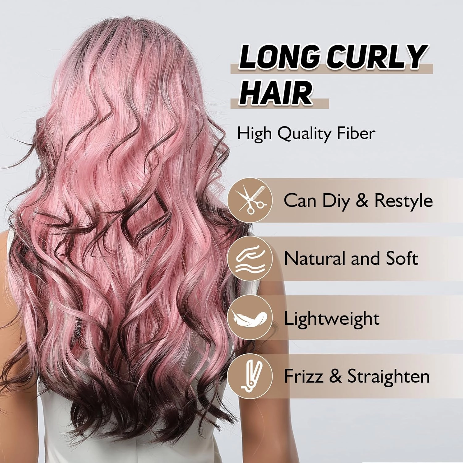 testar Pink Curly Wigs for Women Long Pink and Black Wigs With Curtain Bangs Heat Resistant Synthetic Wavy Wigs for Girls Daily Party Use 26IN