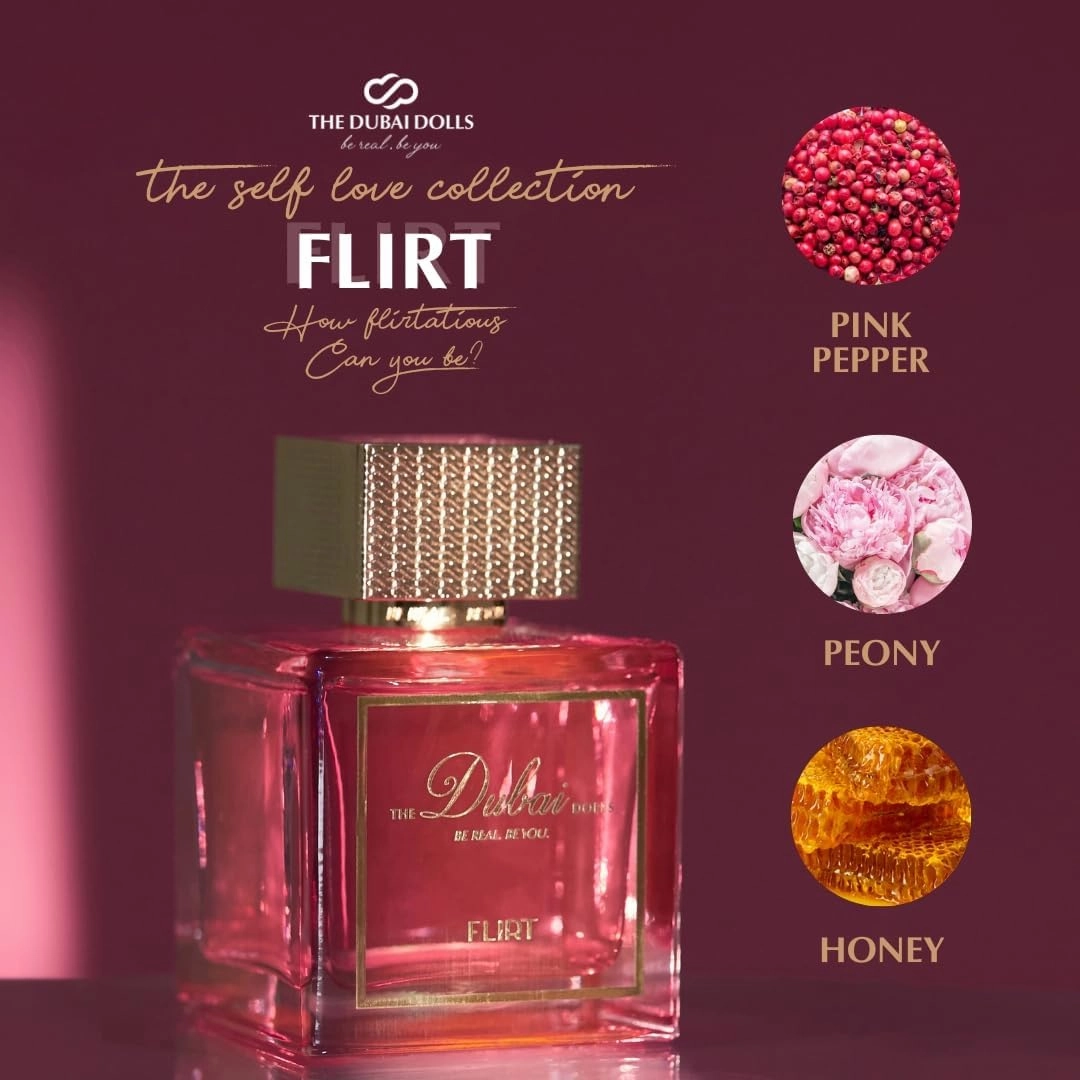 TH.E Du...bai DO..LLS Luxury Eau de Parfum – FLIRT | A vibrant blend of pink pepper, peony, and honey for a captivating scent, perfect for day and night. (100ml)