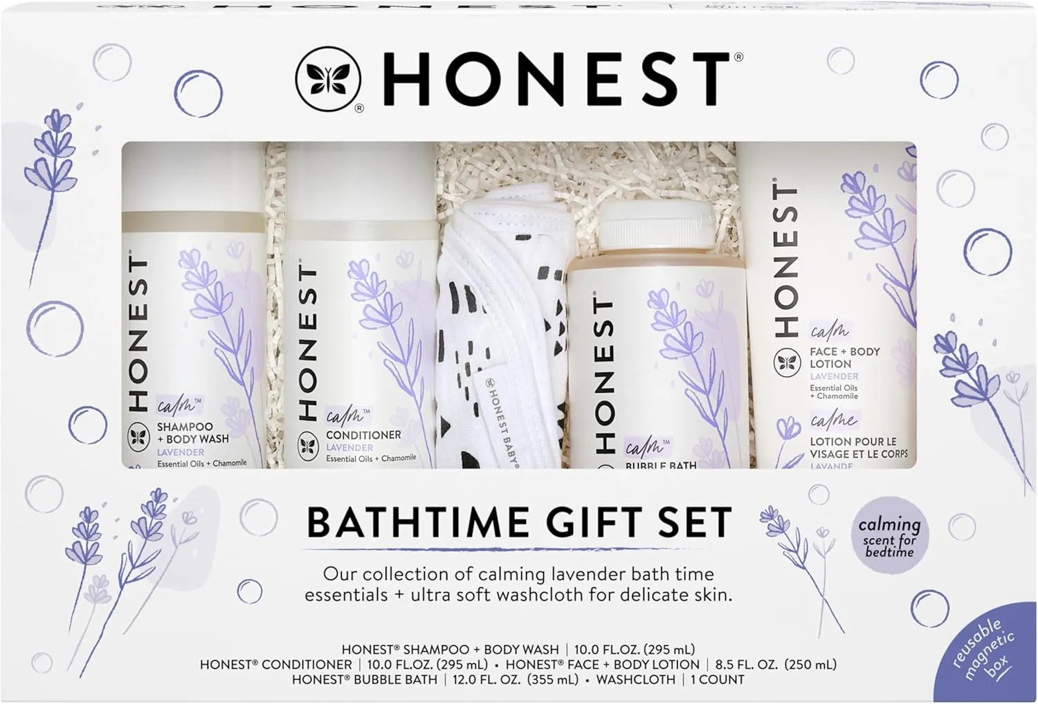 The Honest Company Calming Lavender Bathtime Gift Set | Hypoallergenic Bath Essentials for Sensitive Skin | Shampoo   Body Wash, Face   Body Lotion, Bubble Bath, Conditioner, Wash Cloth