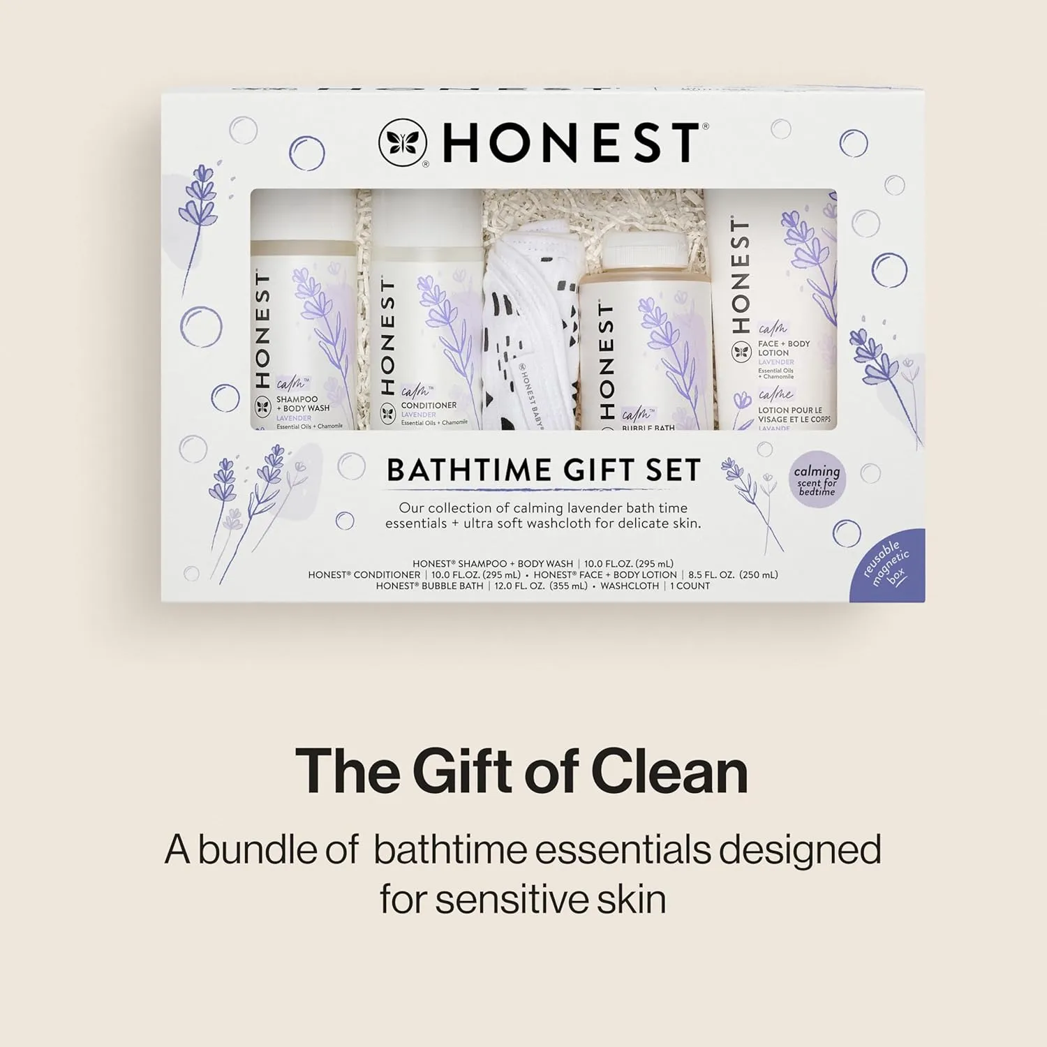 The Honest Company Calming Lavender Bathtime Gift Set | Hypoallergenic Bath Essentials for Sensitive Skin | Shampoo   Body Wash, Face   Body Lotion, Bubble Bath, Conditioner, Wash Cloth