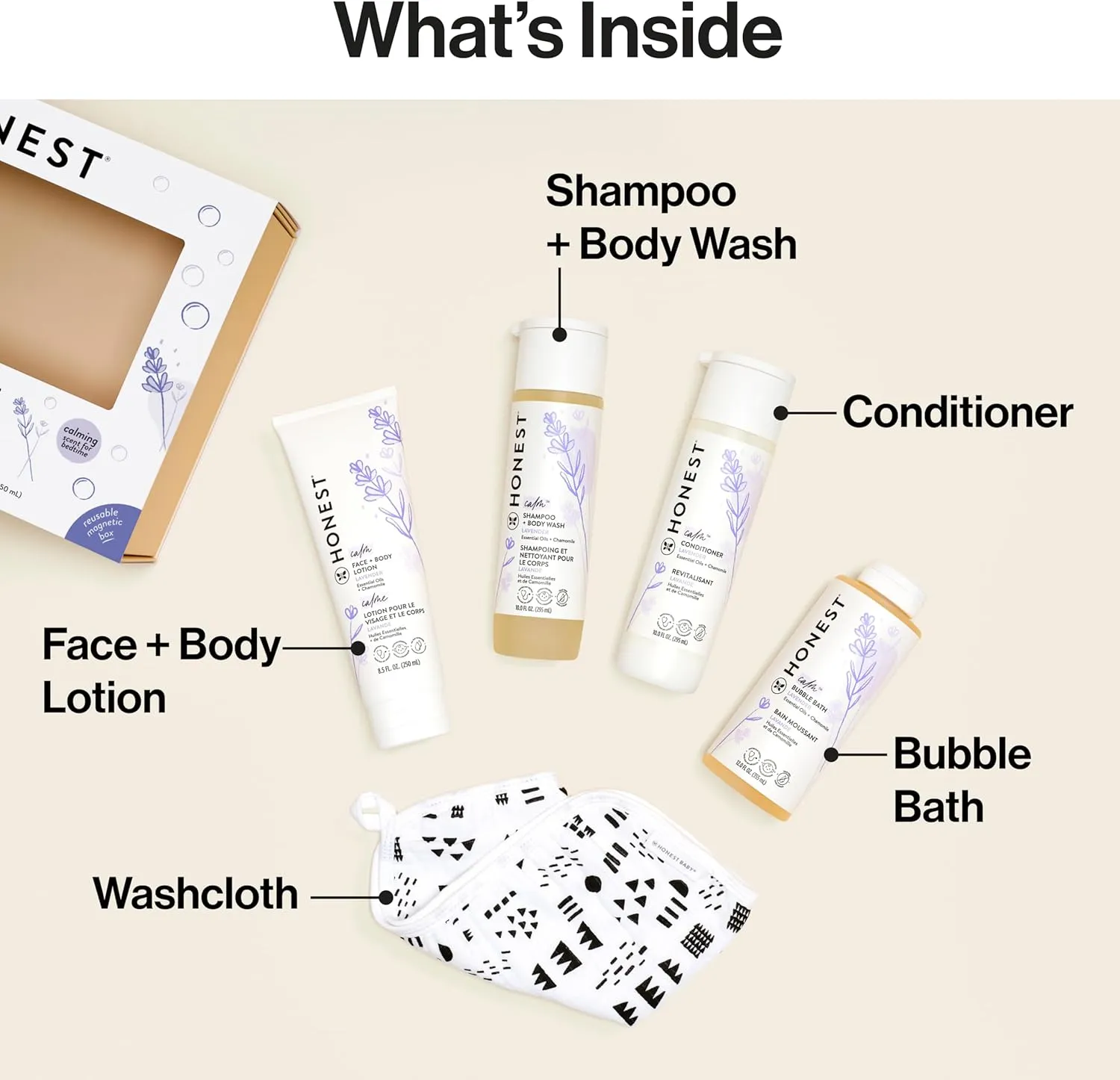 The Honest Company Calming Lavender Bathtime Gift Set | Hypoallergenic Bath Essentials for Sensitive Skin | Shampoo   Body Wash, Face   Body Lotion, Bubble Bath, Conditioner, Wash Cloth