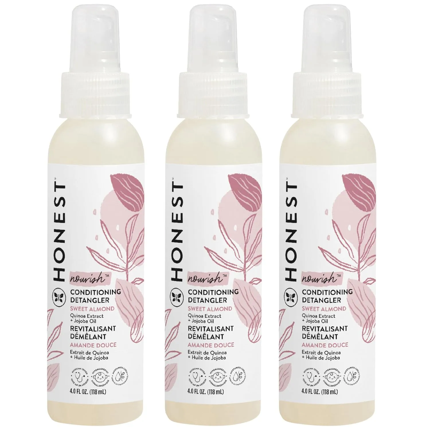 The Honest Company Conditioning Hair Detangler 3-Pack | Leave-in Conditioner   Fortifying Spray | Tear-free, Cruelty-Free, Hypoallergenic | Almond Nourishing, 4 fl oz each (pack of 3)