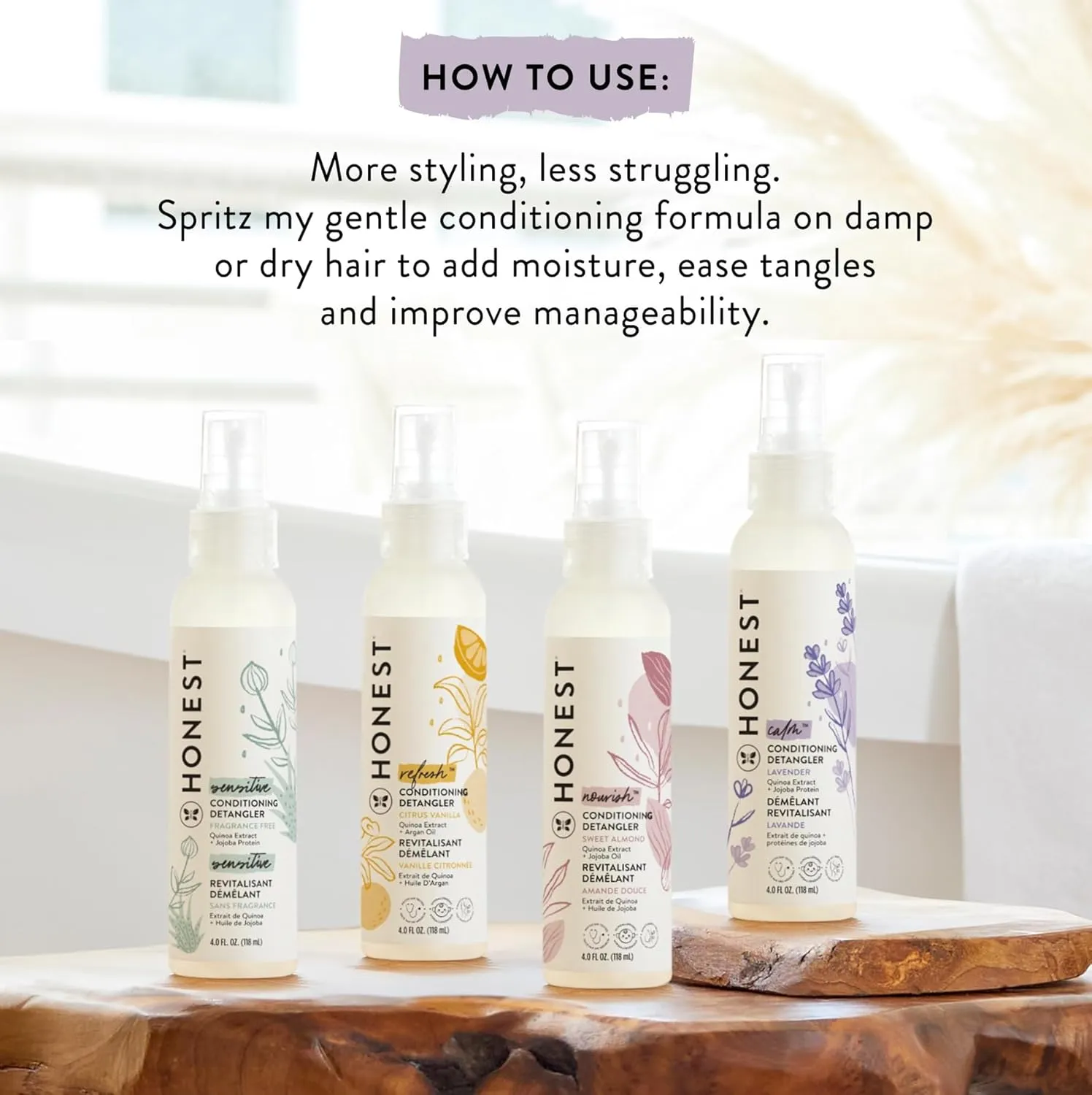 The Honest Company Conditioning Hair Detangler 3-Pack | Leave-in Conditioner   Fortifying Spray | Tear-free, Cruelty-Free, Hypoallergenic | Almond Nourishing, 4 fl oz each (pack of 3)