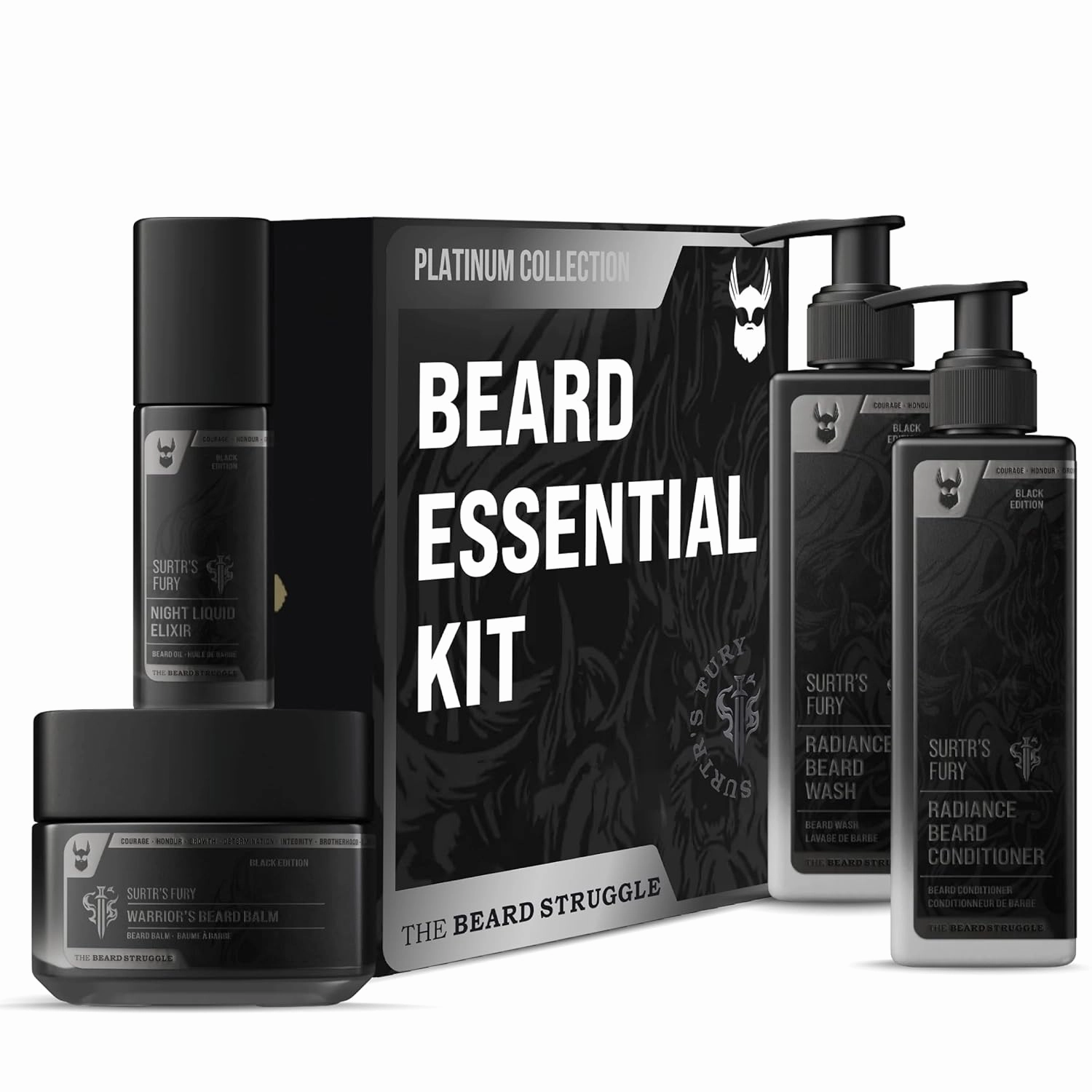 The Beard Growth Kit - Essential Grooming Set with Balm, Oil, Wash & Conditioner for Men - Surtr's Fury Platinum Collection