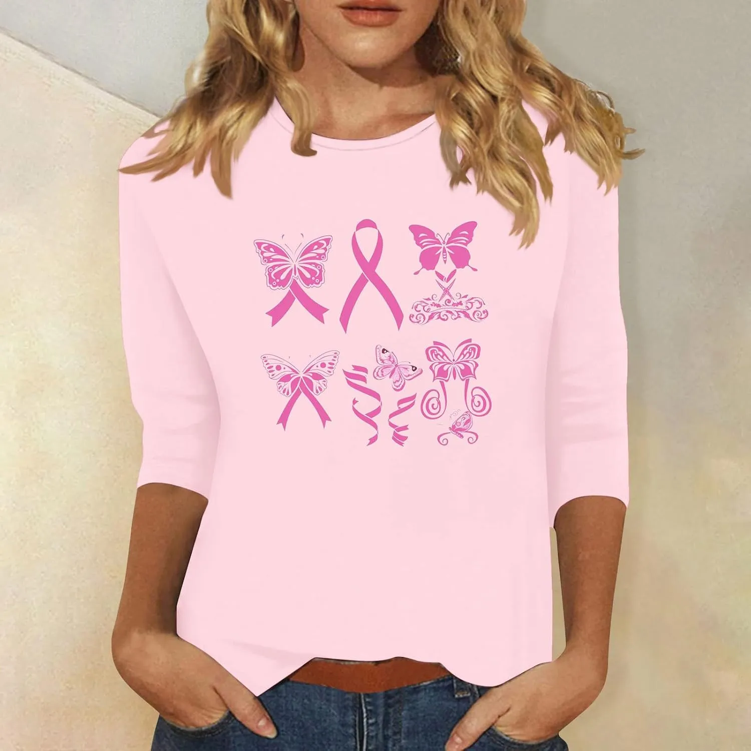 Three Quarter Sleeve Tops Woman Butterfly 3/4 Long Breast Cancer Long Sleeve Shirts 2024 Womens Fall Tshirt