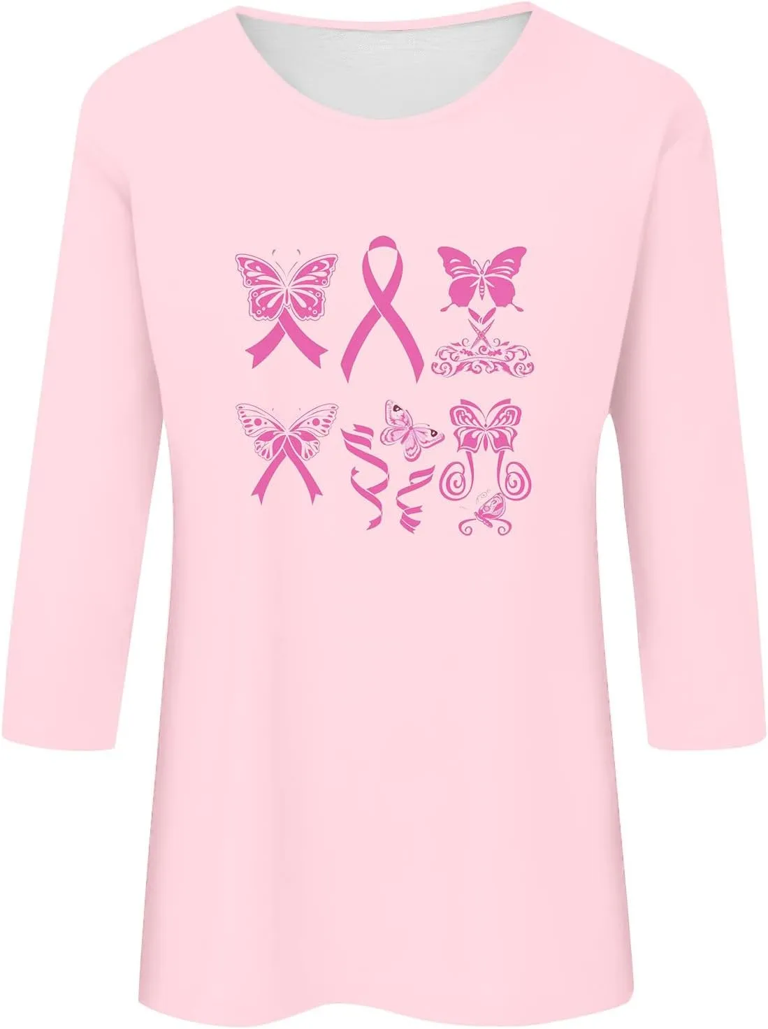 Three Quarter Sleeve Tops Woman Butterfly 3/4 Long Breast Cancer Long Sleeve Shirts 2024 Womens Fall Tshirt