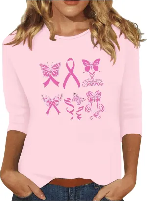 Three Quarter Sleeve Tops Woman Butterfly 3/4 Long Breast Cancer Long Sleeve Shirts 2024 Womens Fall Tshirt
