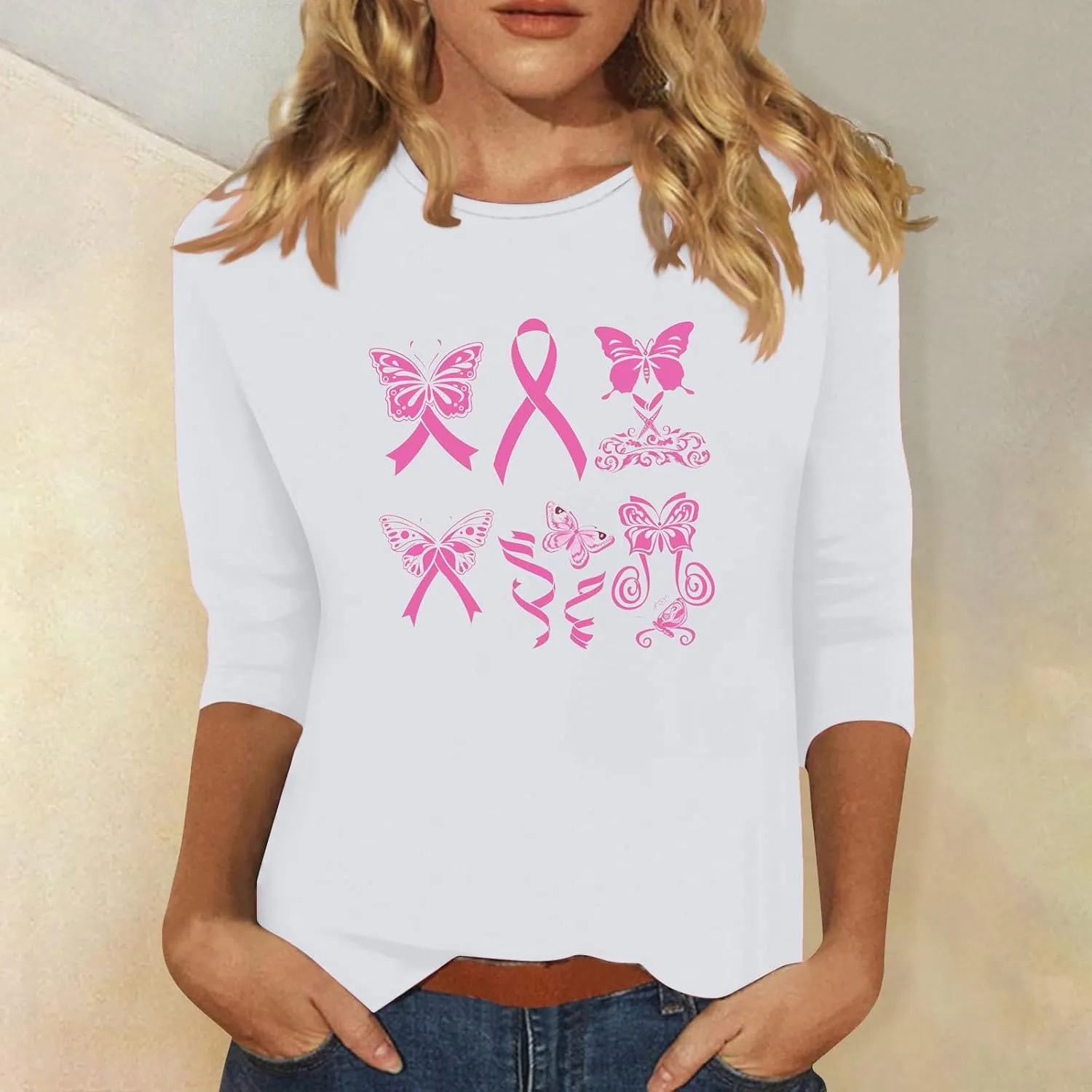 Three Quarter Sleeve Tops Woman Butterfly 3/4 Long Breast Cancer Long Sleeve Shirts 2024 Womens Fall Tshirt