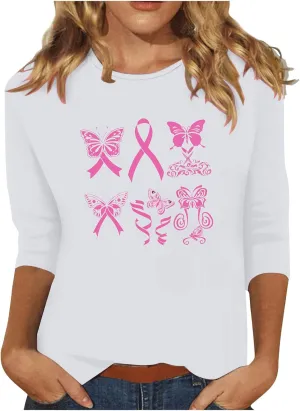 Three Quarter Sleeve Tops Woman Butterfly 3/4 Long Breast Cancer Long Sleeve Shirts 2024 Womens Fall Tshirt