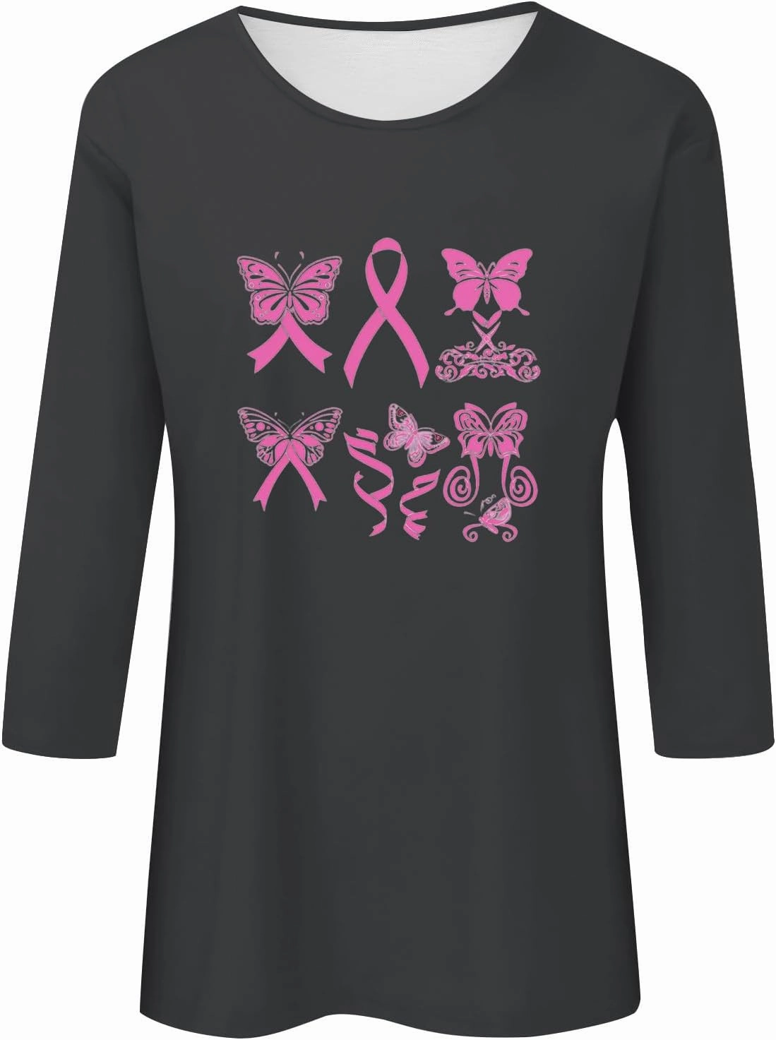 Three Quarter Sleeve Tops Woman Butterfly 3/4 Long Breast Cancer Long Sleeve Shirts 2024 Womens Fall Tshirt