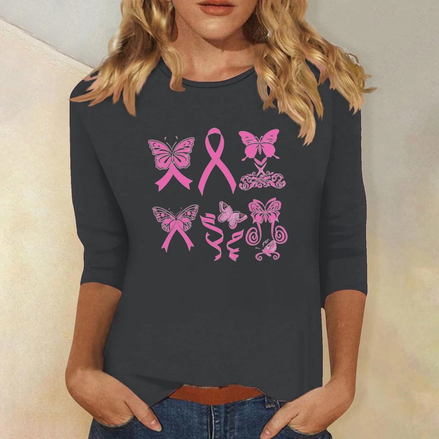 Three Quarter Sleeve Tops Woman Butterfly 3/4 Long Breast Cancer Long Sleeve Shirts 2024 Womens Fall Tshirt