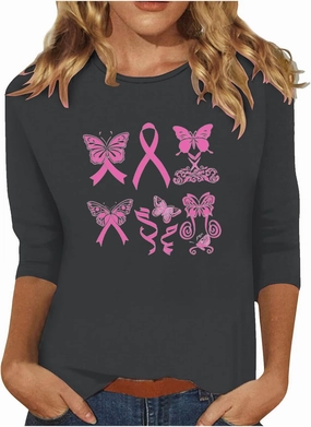Three Quarter Sleeve Tops Woman Butterfly 3/4 Long Breast Cancer Long Sleeve Shirts 2024 Womens Fall Tshirt