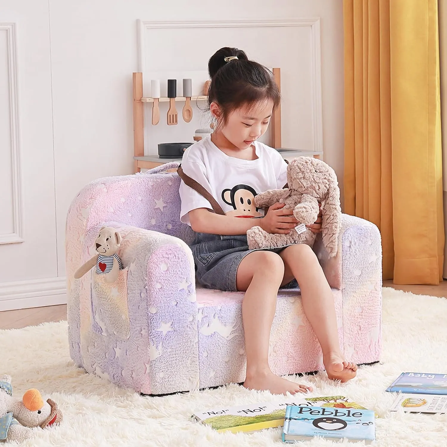 Tiita Kids Sofa, Children Couch with Carrying Handle & Side Pockets, Toddler Armrest Chair, Kids Read Sofa for Girl or Boy, Colorful