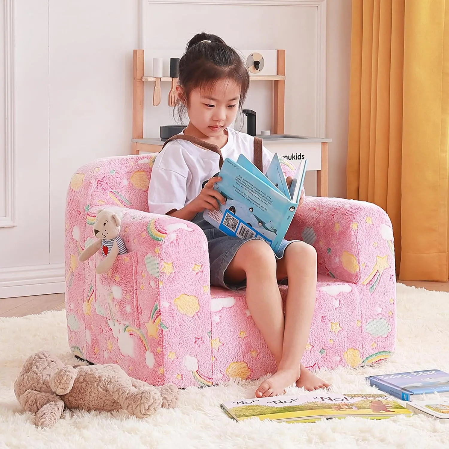 Tiita Kids Sofa, Children Couch with Carrying Handle & Side Pockets, Toddler Armrest Chair, Kids Read Sofa for Girl or Boy, Colorful
