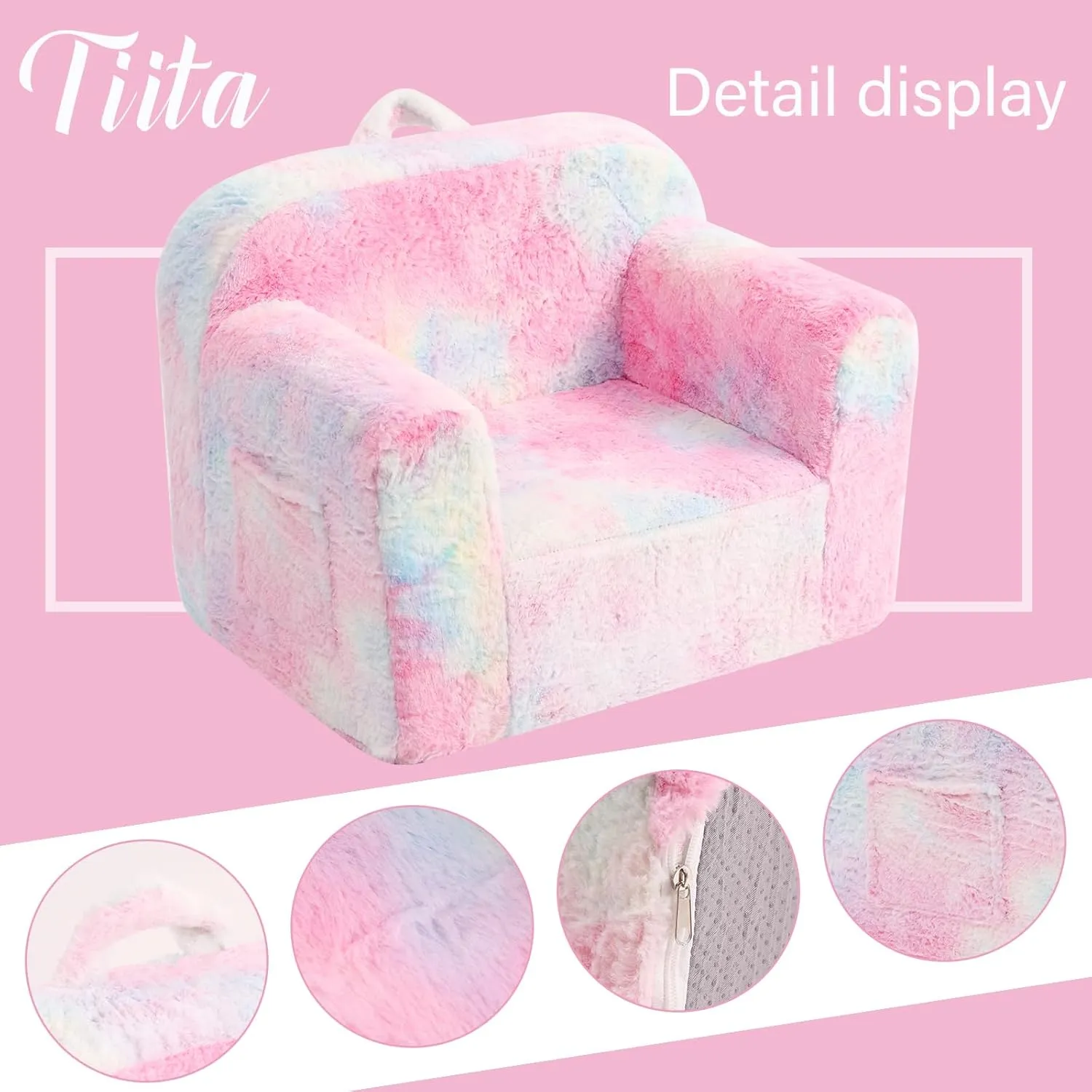Tiita Kids Sofa, Children Couch with Carrying Handle & Side Pockets, Toddler Armrest Chair, Kids Read Sofa for Girl or Boy, Colorful