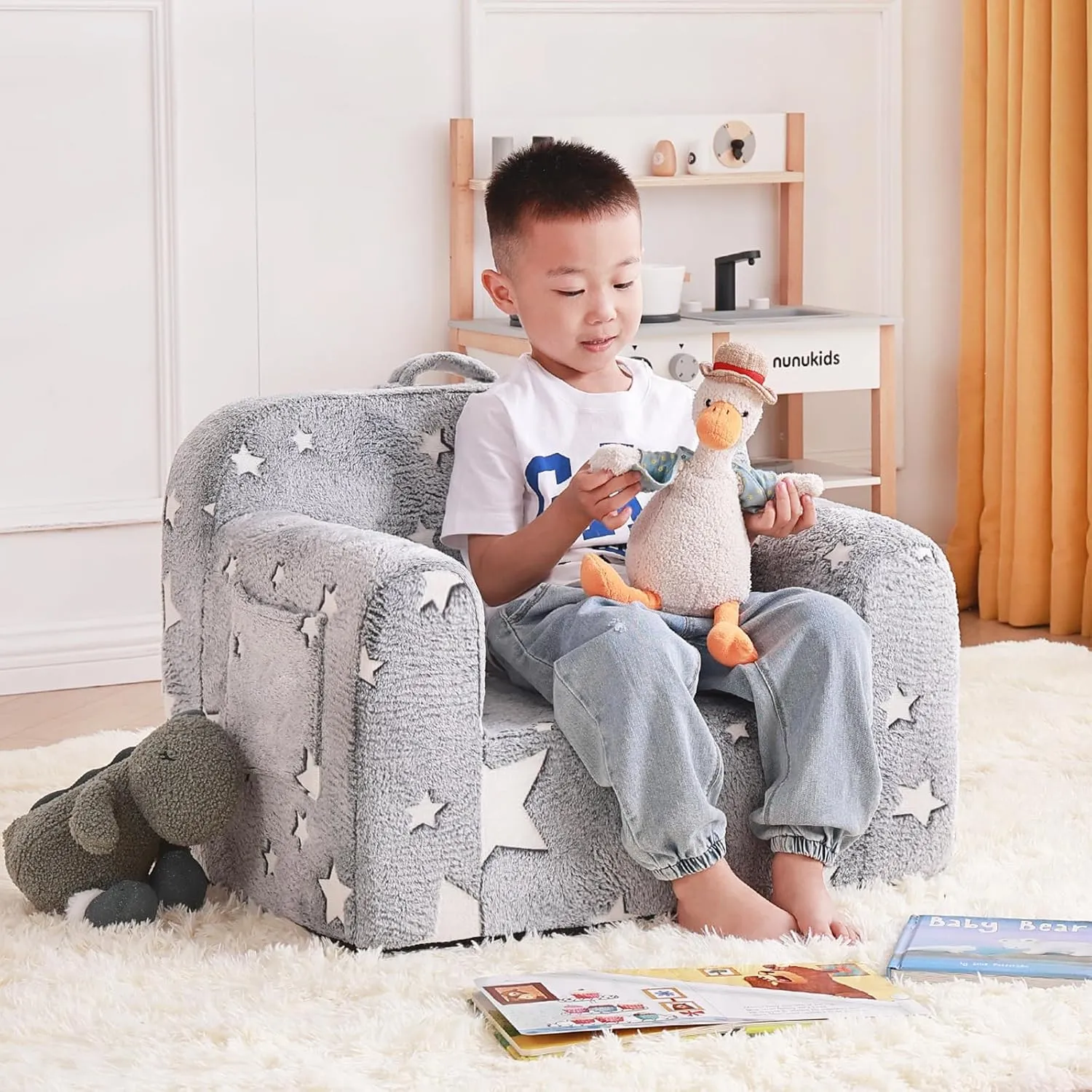 Tiita Kids Sofa, Children Couch with Carrying Handle & Side Pockets, Toddler Armrest Chair, Kids Read Sofa for Girl or Boy, Colorful