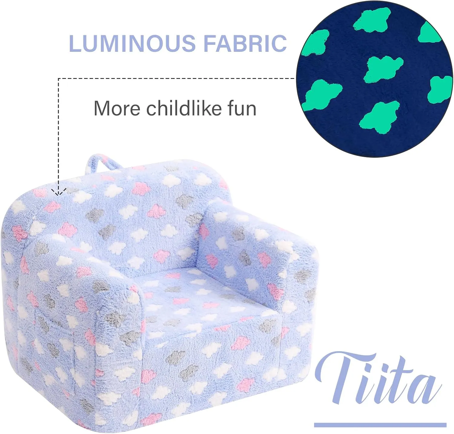 Tiita Kids Sofa, Chirldren Couch with Carrying Handle & Side Pockets, Kids Foam Chair, Toddler Armrest Chair,Kids Read Sofa for Girl Or Boy, Blue Cloud