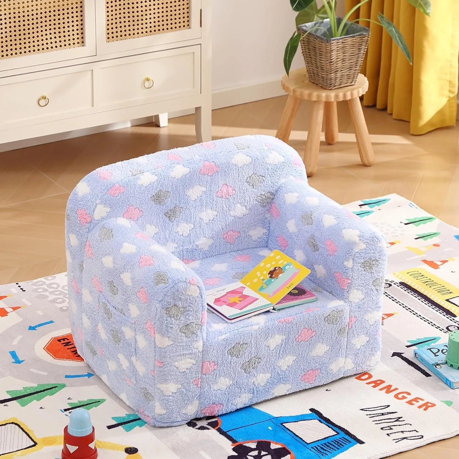 Tiita Kids Sofa, Chirldren Couch with Carrying Handle & Side Pockets, Kids Foam Chair, Toddler Armrest Chair,Kids Read Sofa for Girl Or Boy, Blue Cloud