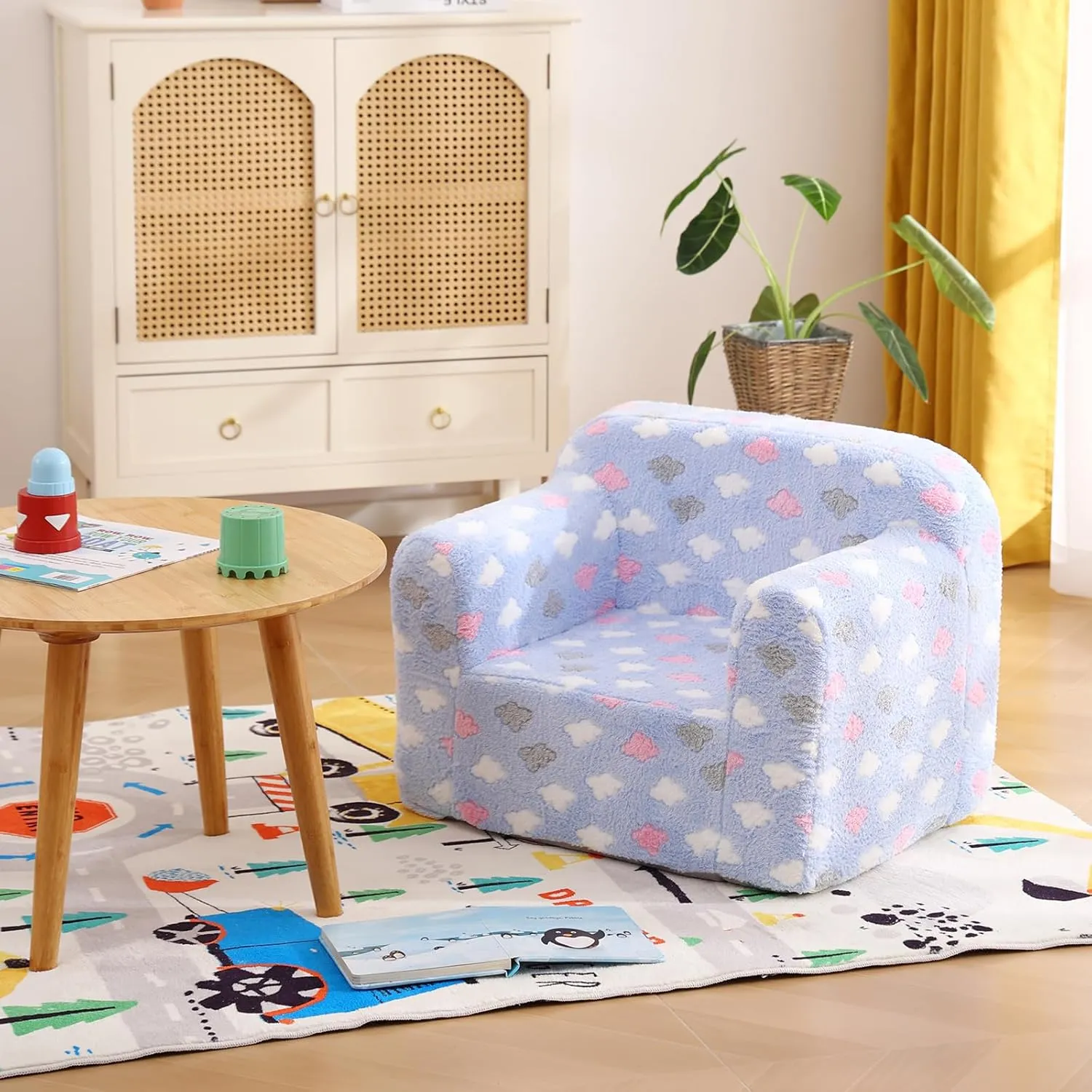 Tiita Kids Sofa, Chirldren Couch with Carrying Handle & Side Pockets, Kids Foam Chair, Toddler Armrest Chair,Kids Read Sofa for Girl Or Boy, Blue Cloud