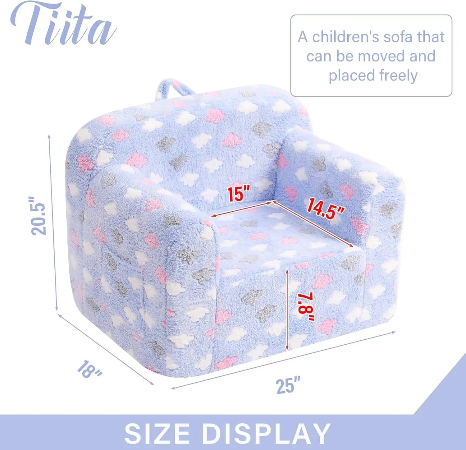 Tiita Kids Sofa, Chirldren Couch with Carrying Handle & Side Pockets, Kids Foam Chair, Toddler Armrest Chair,Kids Read Sofa for Girl Or Boy, Blue Cloud
