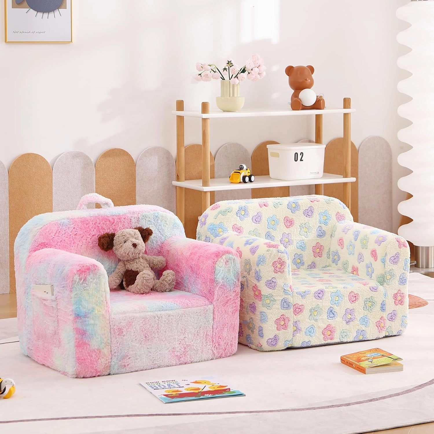 Tiita Kids Sofa, Chirldren Couch with Carrying Handle & Side Pockets, Kids Foam Chair, Toddler Armrest Chair,Kids Read Sofa for Girl Or Boy, Flower