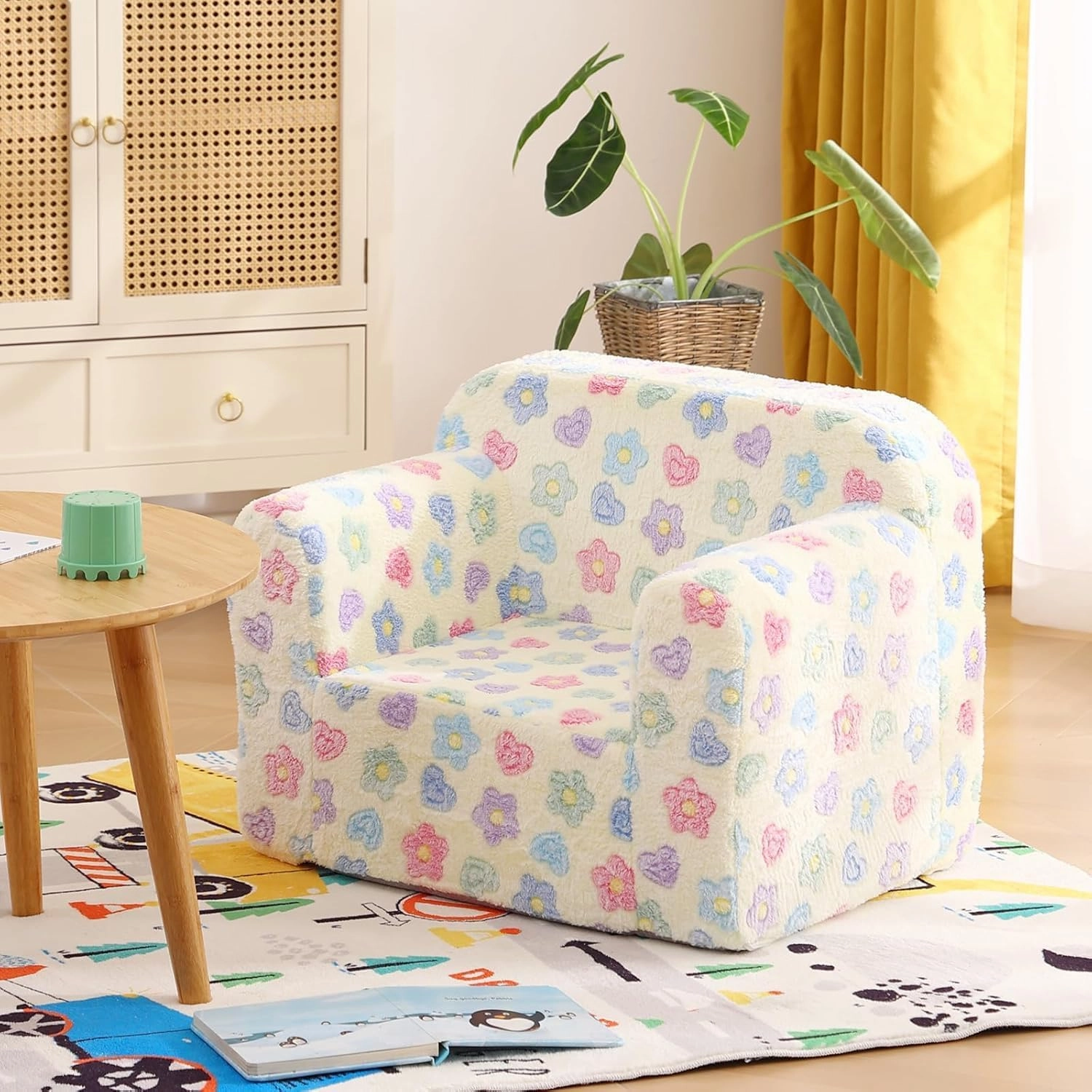 Tiita Kids Sofa, Chirldren Couch with Carrying Handle & Side Pockets, Kids Foam Chair, Toddler Armrest Chair,Kids Read Sofa for Girl Or Boy, Flower